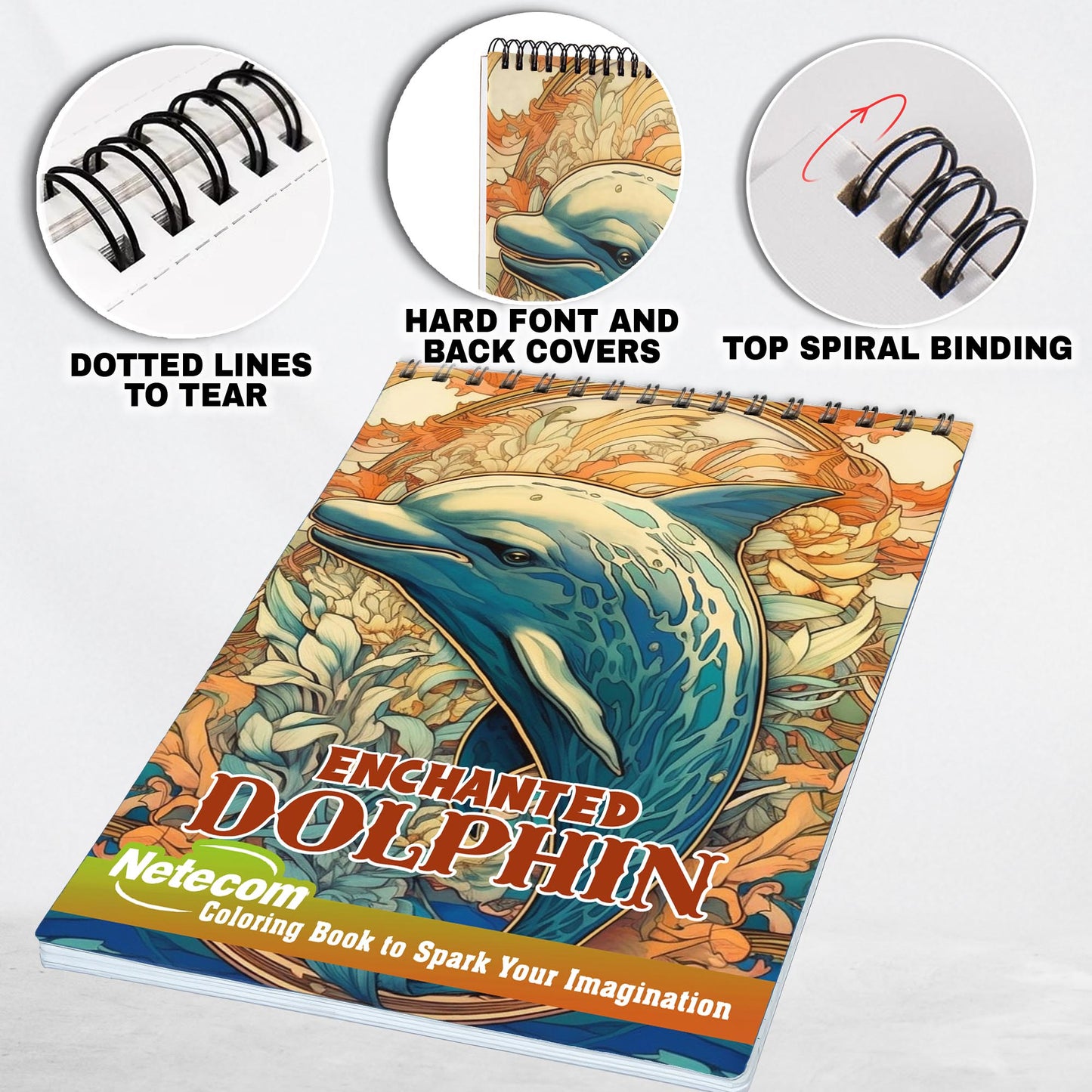Enchanted Dolphin Spiral Bound Coloring Book, Dive into the World of 25+ Adorable Illustrations | Relaxation, Mindfulness, and Fun for All Ages | Perfect Gift for Dolphin Lovers