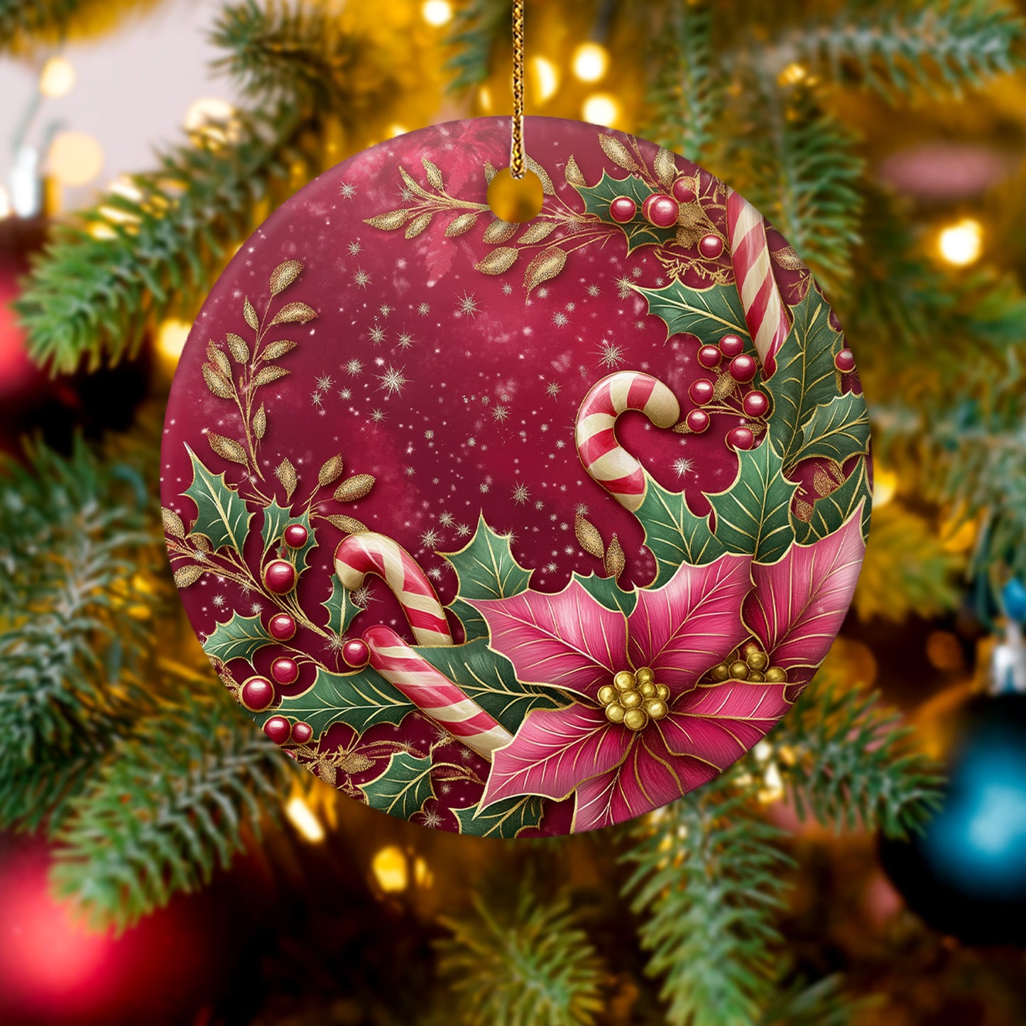 Netecom Pink Poinsettia and Holly Berries Leaves Christmas Ornament, Ceramic Candy Cane Keepsake Ornament for Xmas Tree Decorations, Gifts for Holiday, Party, Home Decor
