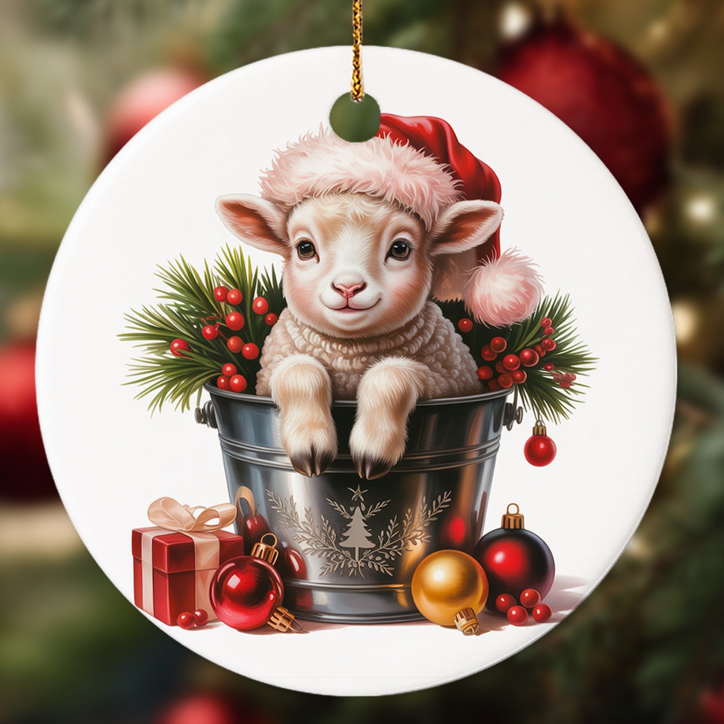 Netecom Baby Sheep in Bucket Ornament, Farm Animal with Santa Hat Ceramic Ornament for Christmas Tree Hanging Decorations Gift, Sheep Lover Gifts, Home Decor, Holiday Party Present