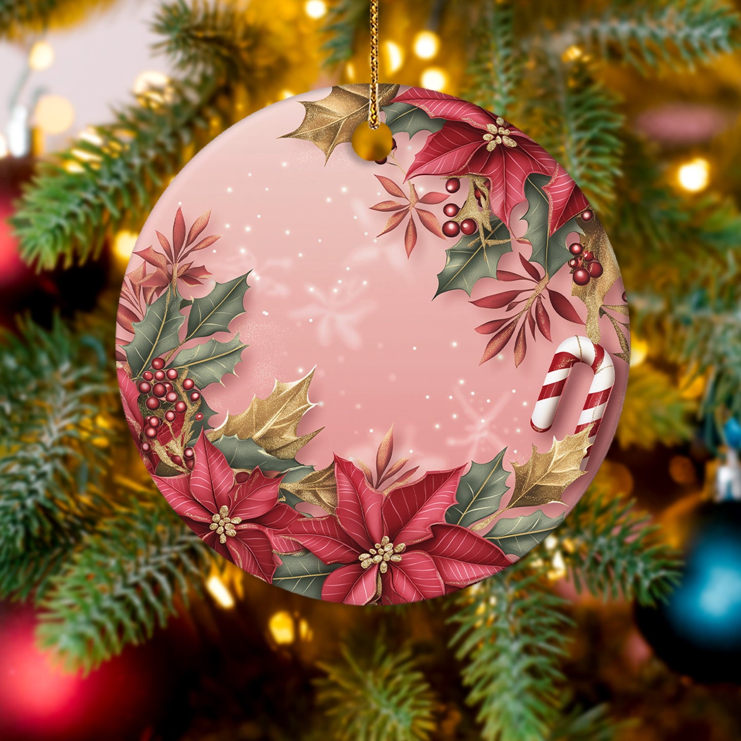 Netecom Pink Poinsettia and Holly Berries Christmas Ornament, Ceramic Candy Cane Keepsake Ornament for Xmas Tree Decorations, Gifts for Holiday, Party, Home Decor