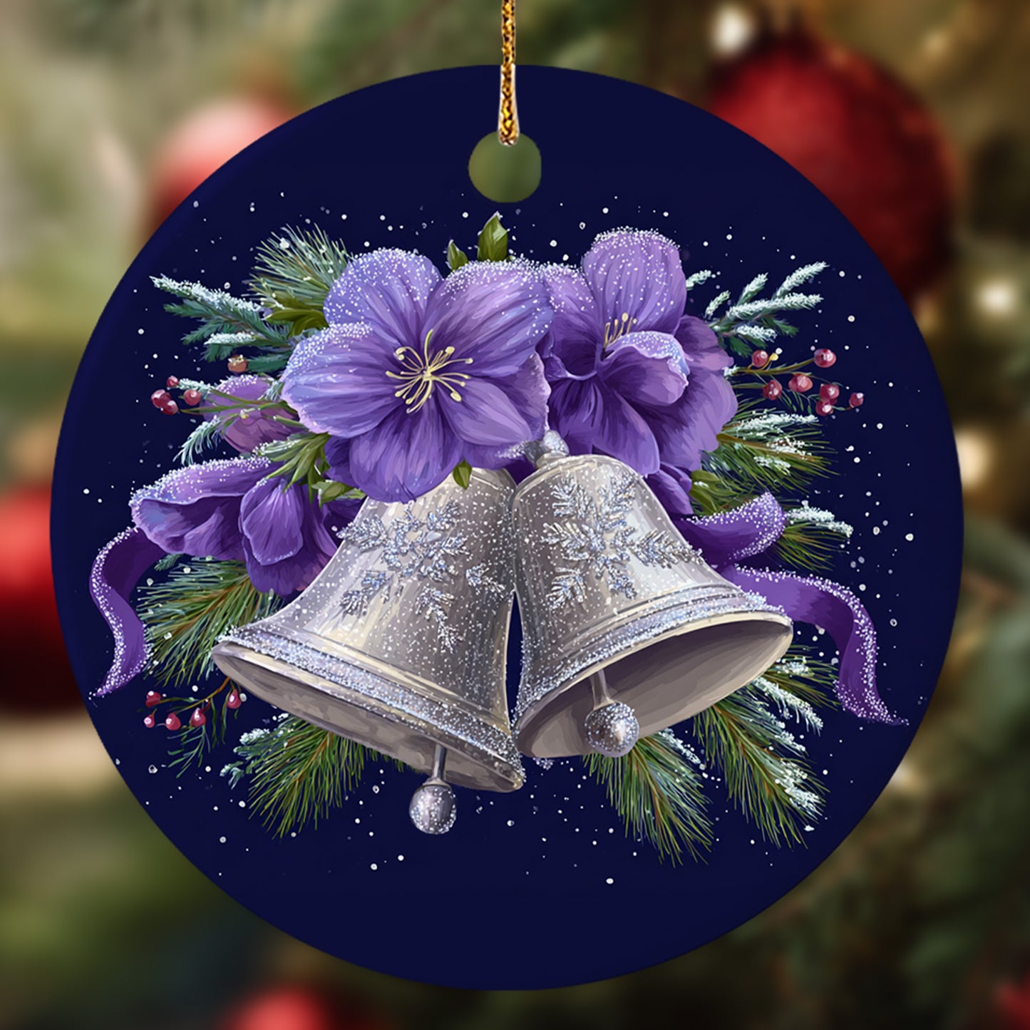 Netecom Bell with Purple Flower Christmas Ornament, Elegant Winter Bell Ceramic Ornament for Xmas Tree Hanging Decorations Gift, Gifts for Friends & Family, Holiday Party Present