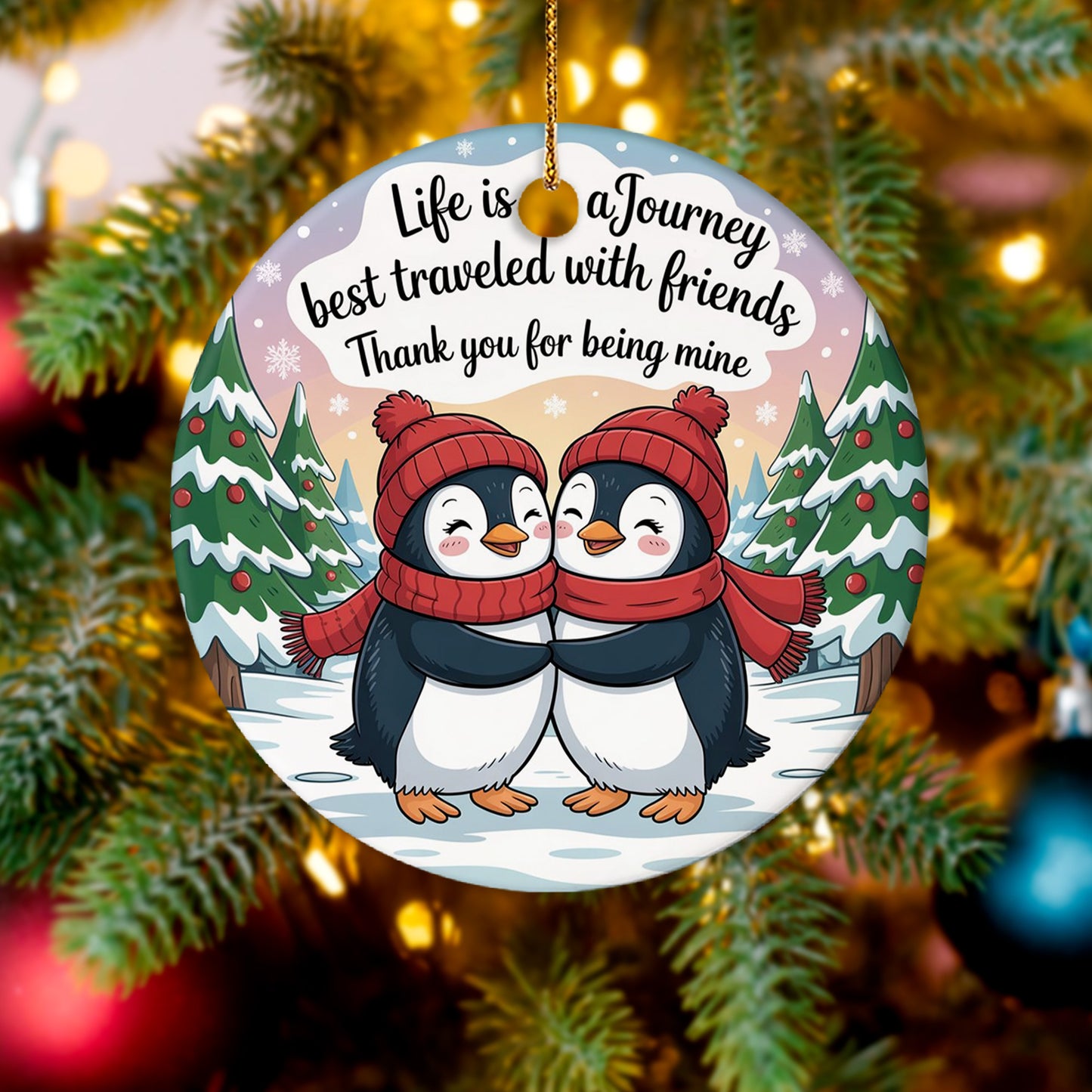 Netecom Cute Penguin Christmas Ornament, Life Is a Journey Best Traveled With Friends Ceramic Ornament for Xmas Tree Hanging Decorations Gift, Friendship Gifts for Besties, Best Friends, BFF
