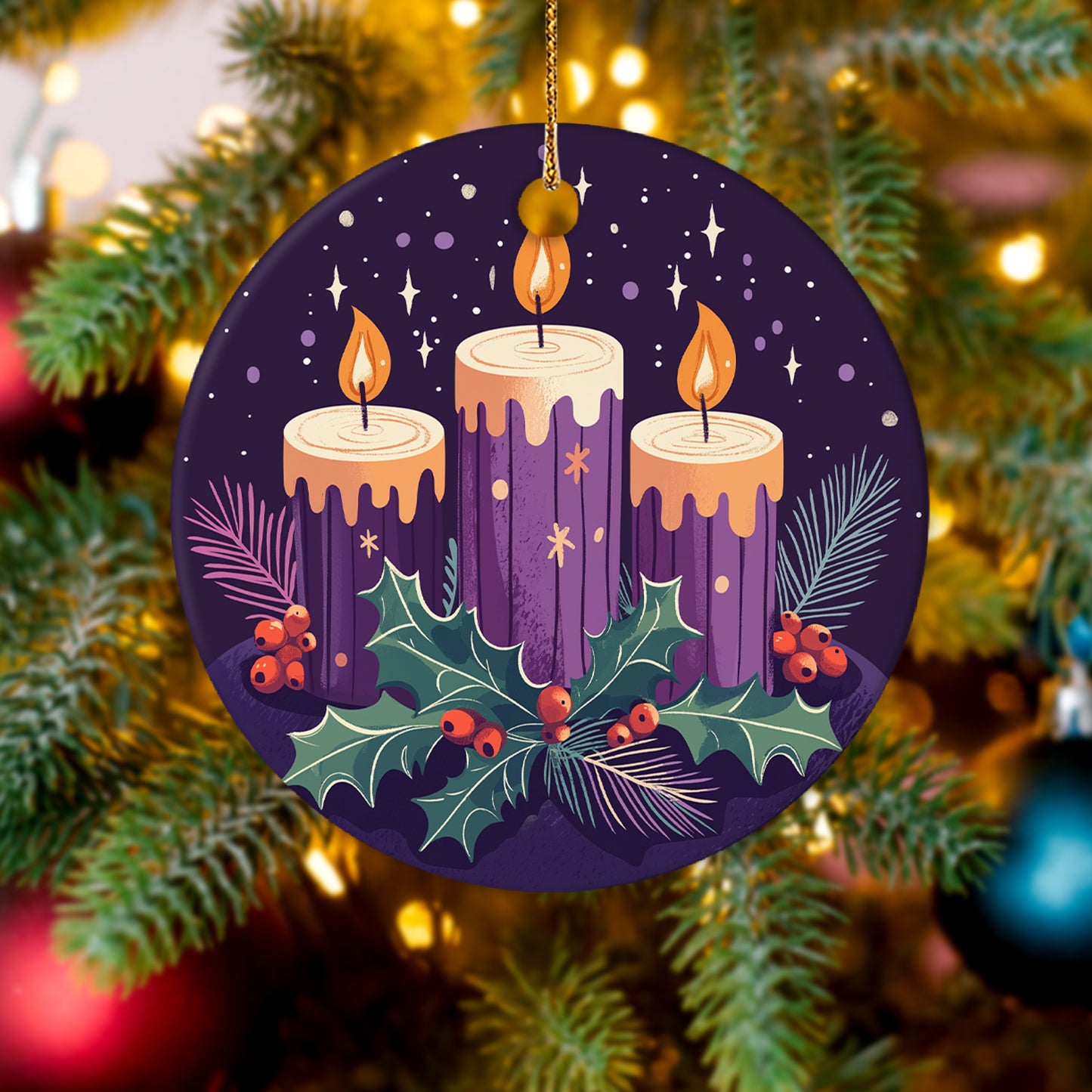 Netecom Purple Candles Christmas Ornaments, Elegant Ceramic Candles & Holly Keepsake Ornament for Christmas Tree Decorations, Gifts for Holiday, Party, Home Decor
