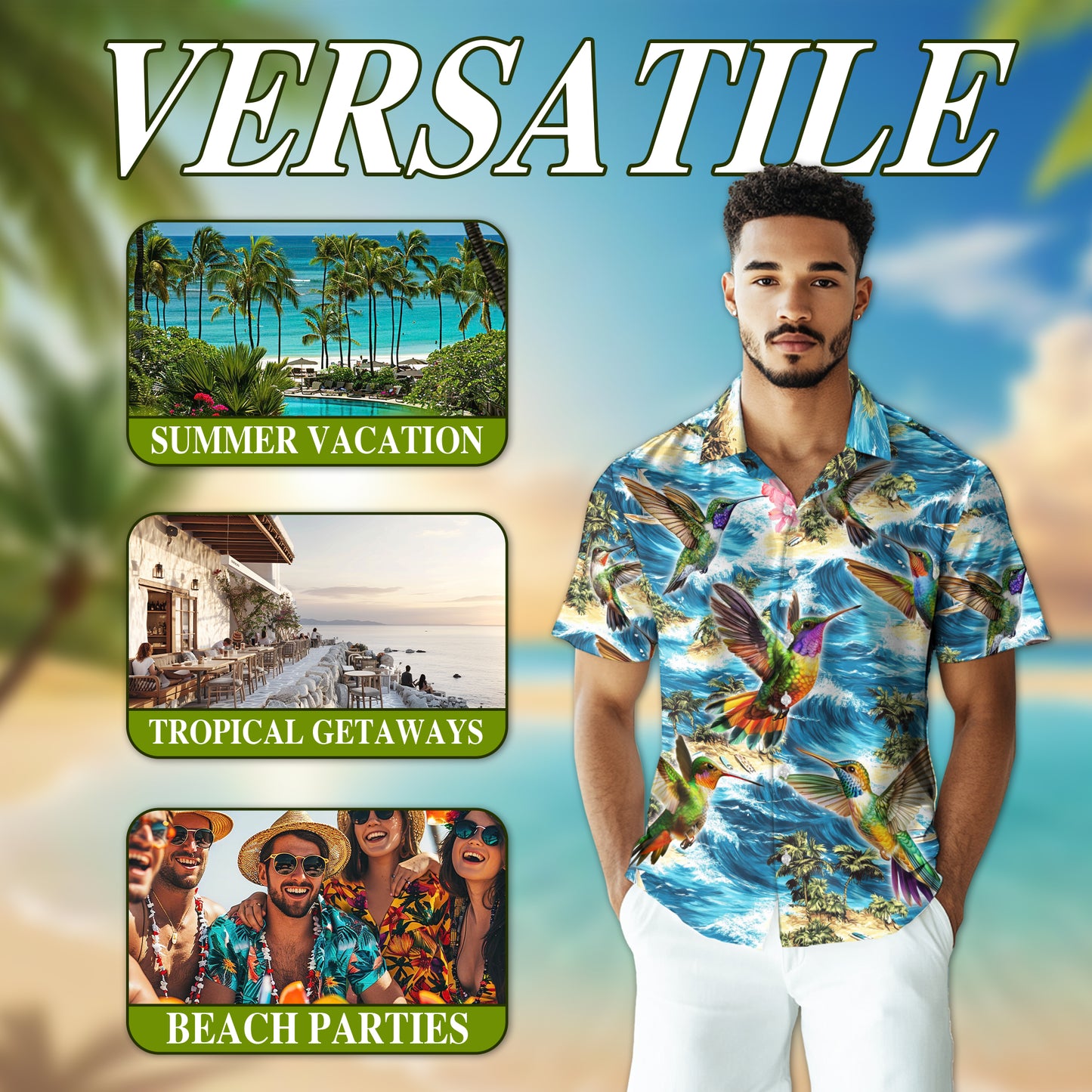 Netecom Tropical Hummingbird Hawaiian Shirt for Men, Bird Lover Gift, Nature Animal Button Down Summer Beach Shirts