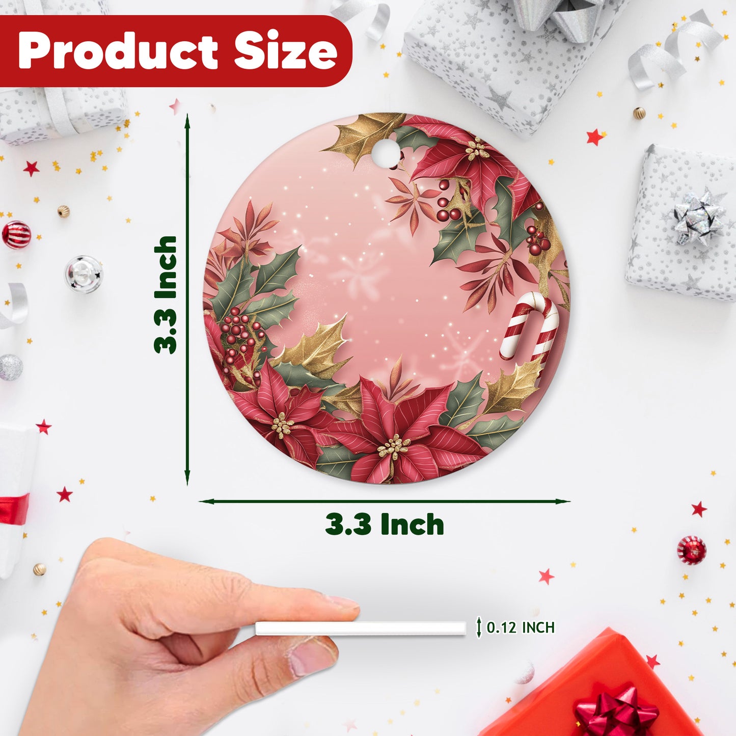 Netecom Pink Poinsettia and Holly Berries Christmas Ornament, Ceramic Candy Cane Keepsake Ornament for Xmas Tree Decorations, Gifts for Holiday, Party, Home Decor
