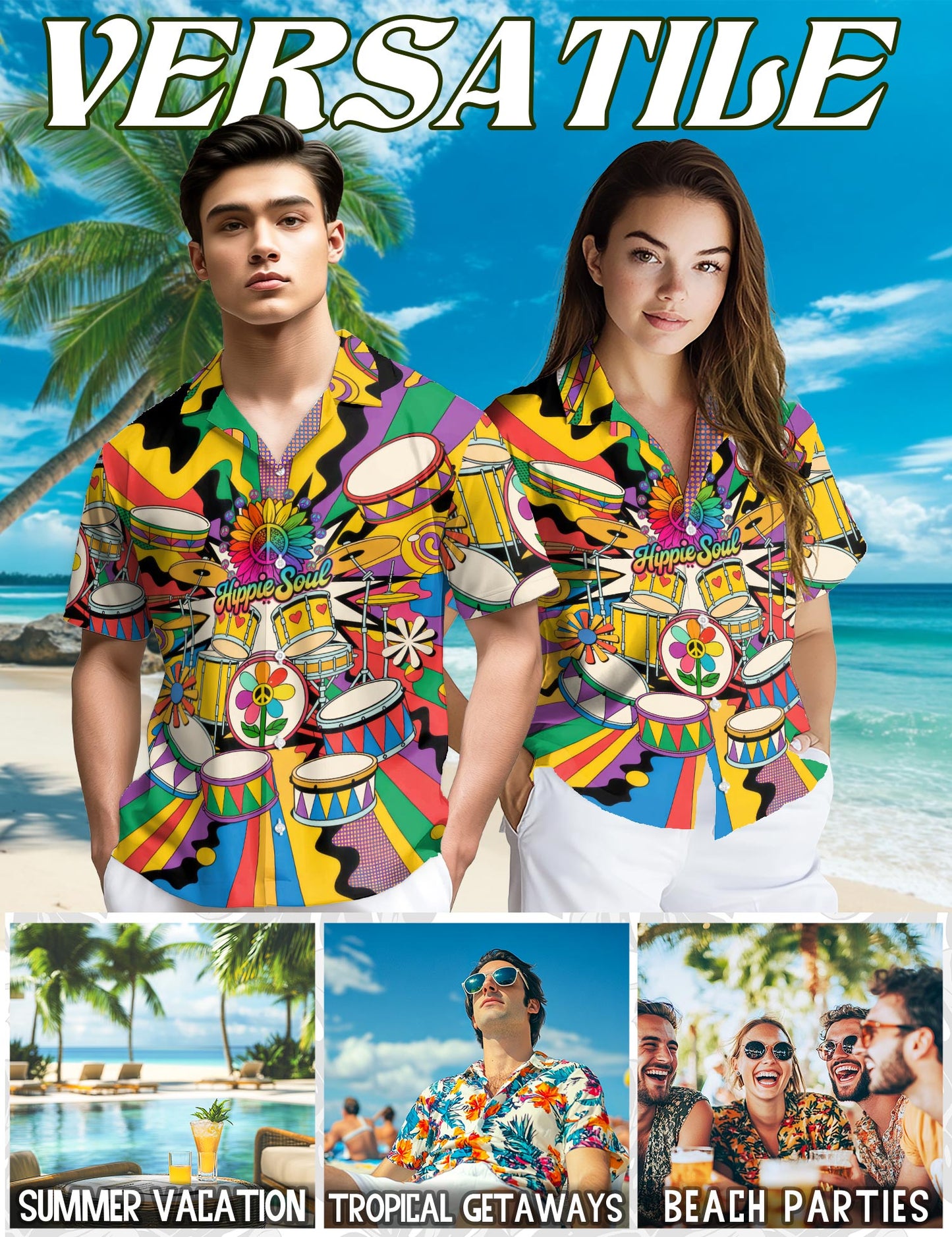 Netecom Peace Love Drums Hawaiian Shirt for Men, Button Down Summer Beach Short Sleeve, S-5XL