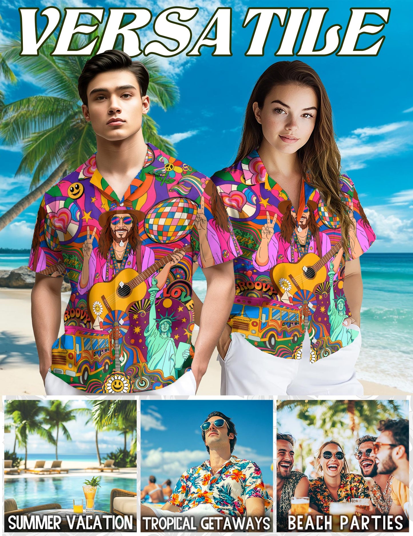 Netecom Colorful Hippie Hawaiian Shirt for Men, Button Down Summer Beach Short Sleeve, S-5XL