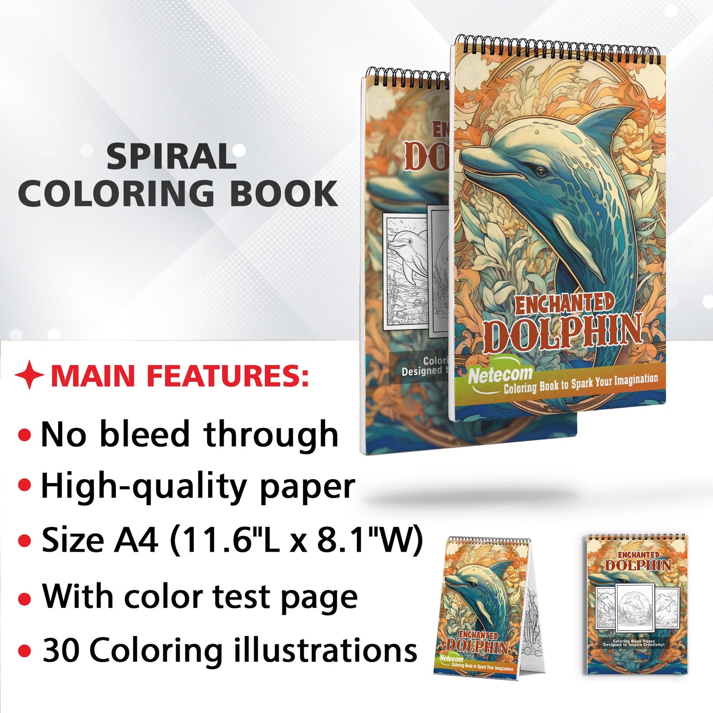 Enchanted Dolphin Spiral Bound Coloring Book, Dive into the World of 25+ Adorable Illustrations | Relaxation, Mindfulness, and Fun for All Ages | Perfect Gift for Dolphin Lovers