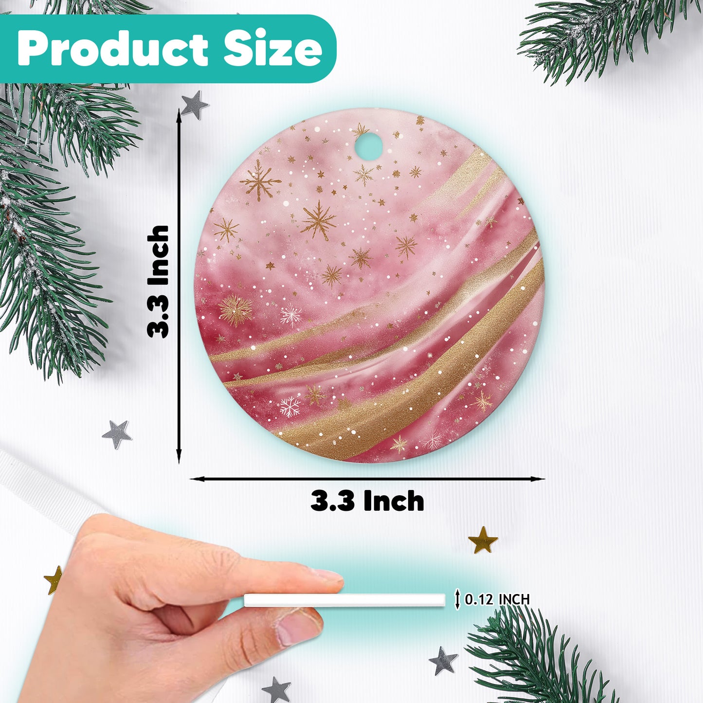 Netecom Marble Texture Pattern Pink Ornament, Ceramic Gold Glitter Snowflakes Keepsake Ornament for Xmas Tree Decorations, Gifts for Holiday, Party, Home Decor