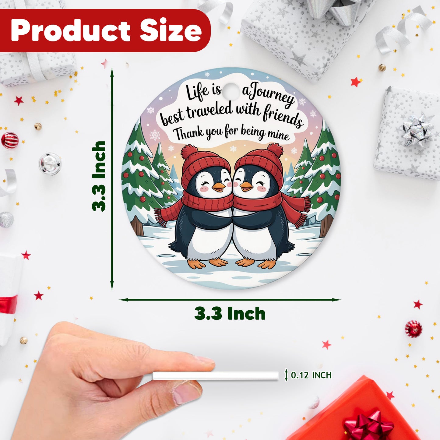 Netecom Cute Penguin Christmas Ornament, Life Is a Journey Best Traveled With Friends Ceramic Ornament for Xmas Tree Hanging Decorations Gift, Friendship Gifts for Besties, Best Friends, BFF