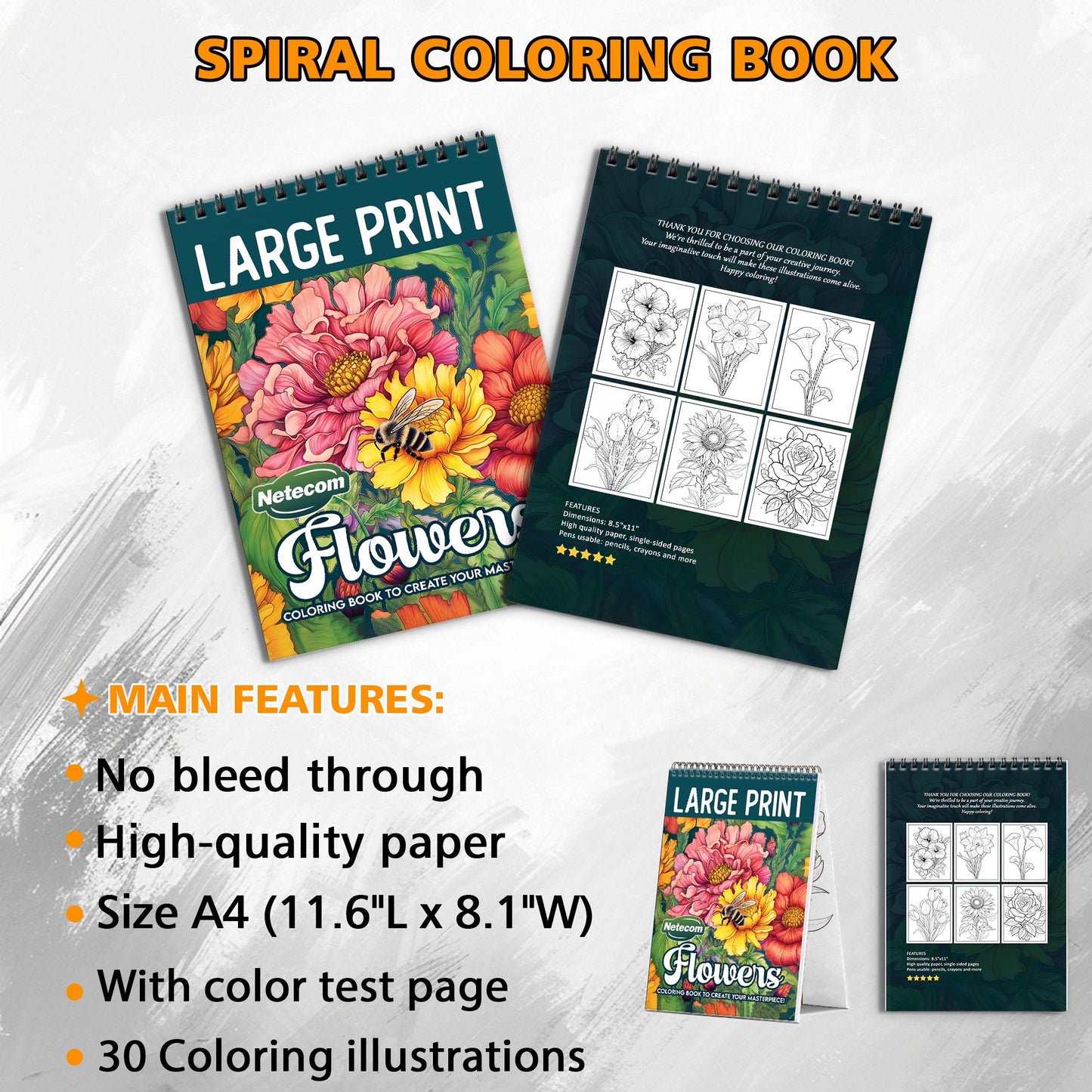 Large Print Flowers Spiral Bound Coloring Book, Beautiful Floral Scenes in Large Print, Ideal for Easy and Relaxing Coloring, Perfect for Flower Lovers