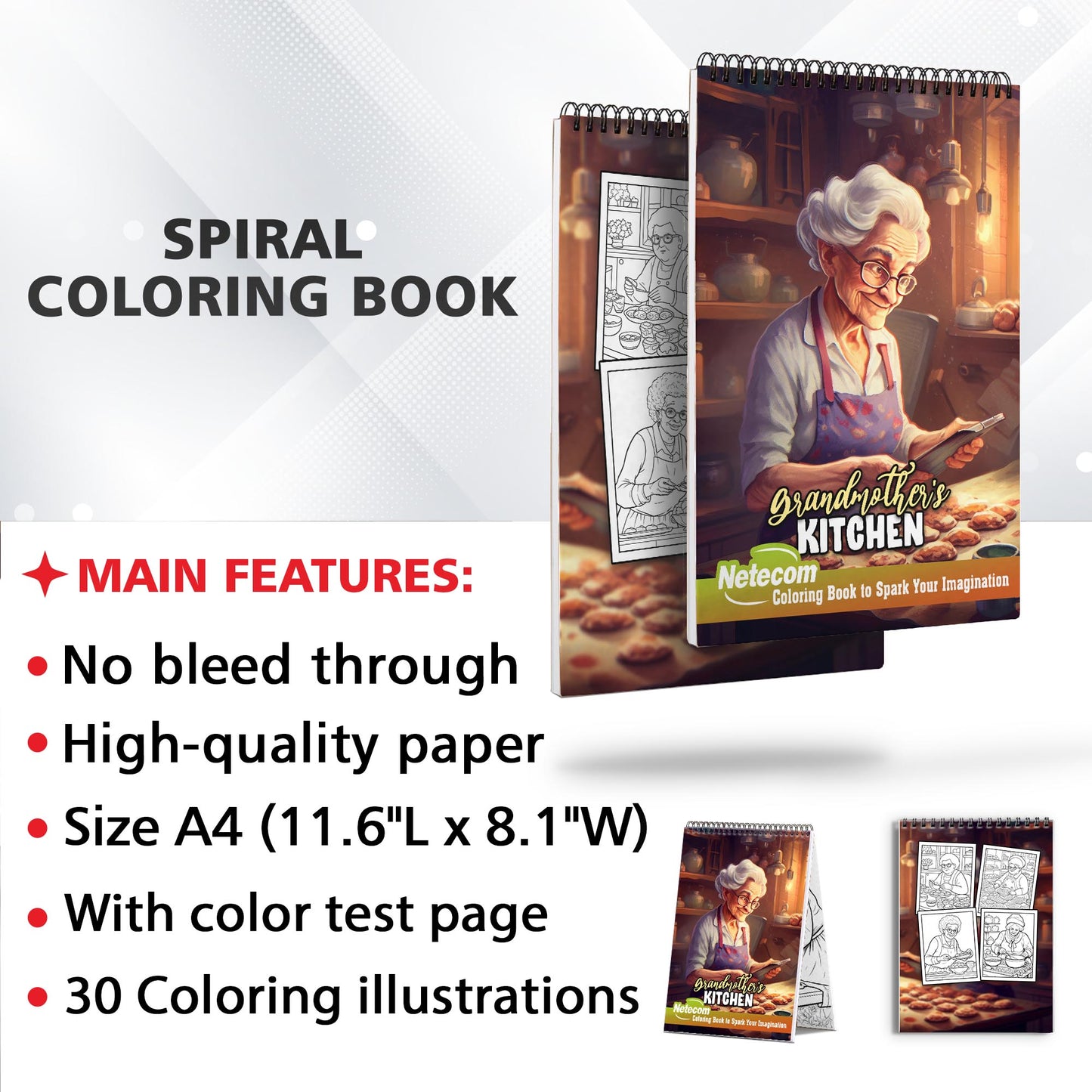 Netecom Grandmother's Kitchen Spiral Bound Coloring Book, 30 Captivating Coloring Pages for Art Lovers to Create Striking and Detailed Artwork of Traditional Kitchen Scenes