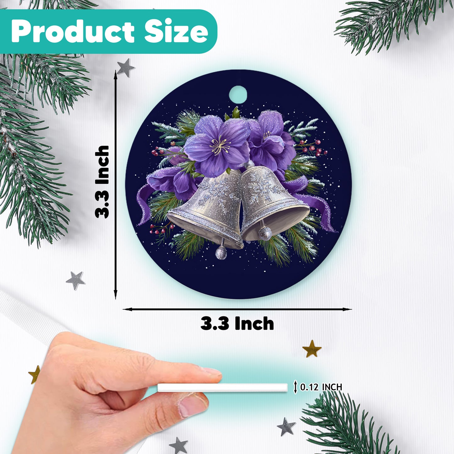 Netecom Bell with Purple Flower Christmas Ornament, Elegant Winter Bell Ceramic Ornament for Xmas Tree Hanging Decorations Gift, Gifts for Friends & Family, Holiday Party Present