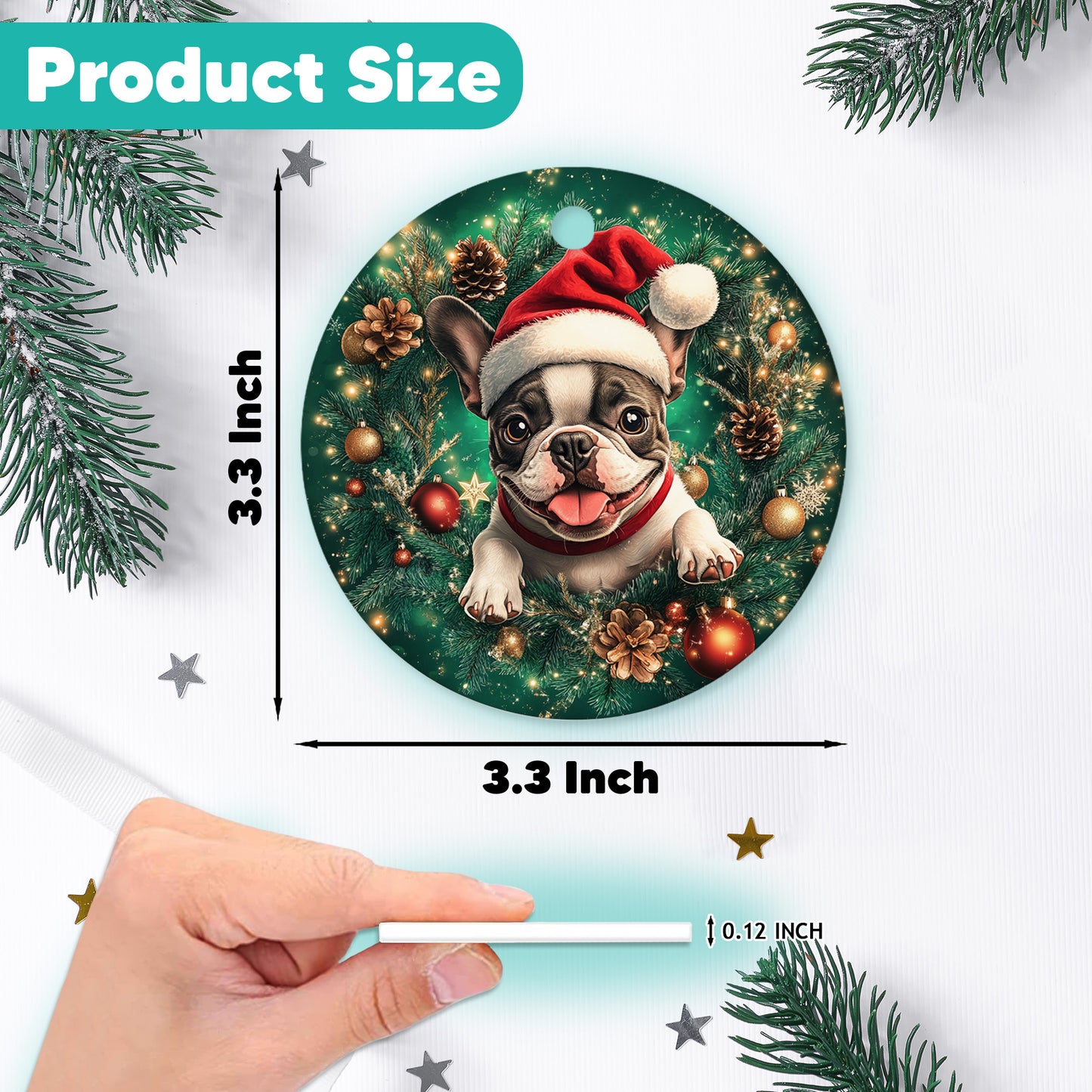 Netecom Funny French Bulldog in Santa Hat Christmas Ornament, Puppy Ceramic Ornament for Xmas Tree Hanging Decorations Gift, Dog Lover Gifts, Holiday Party Present