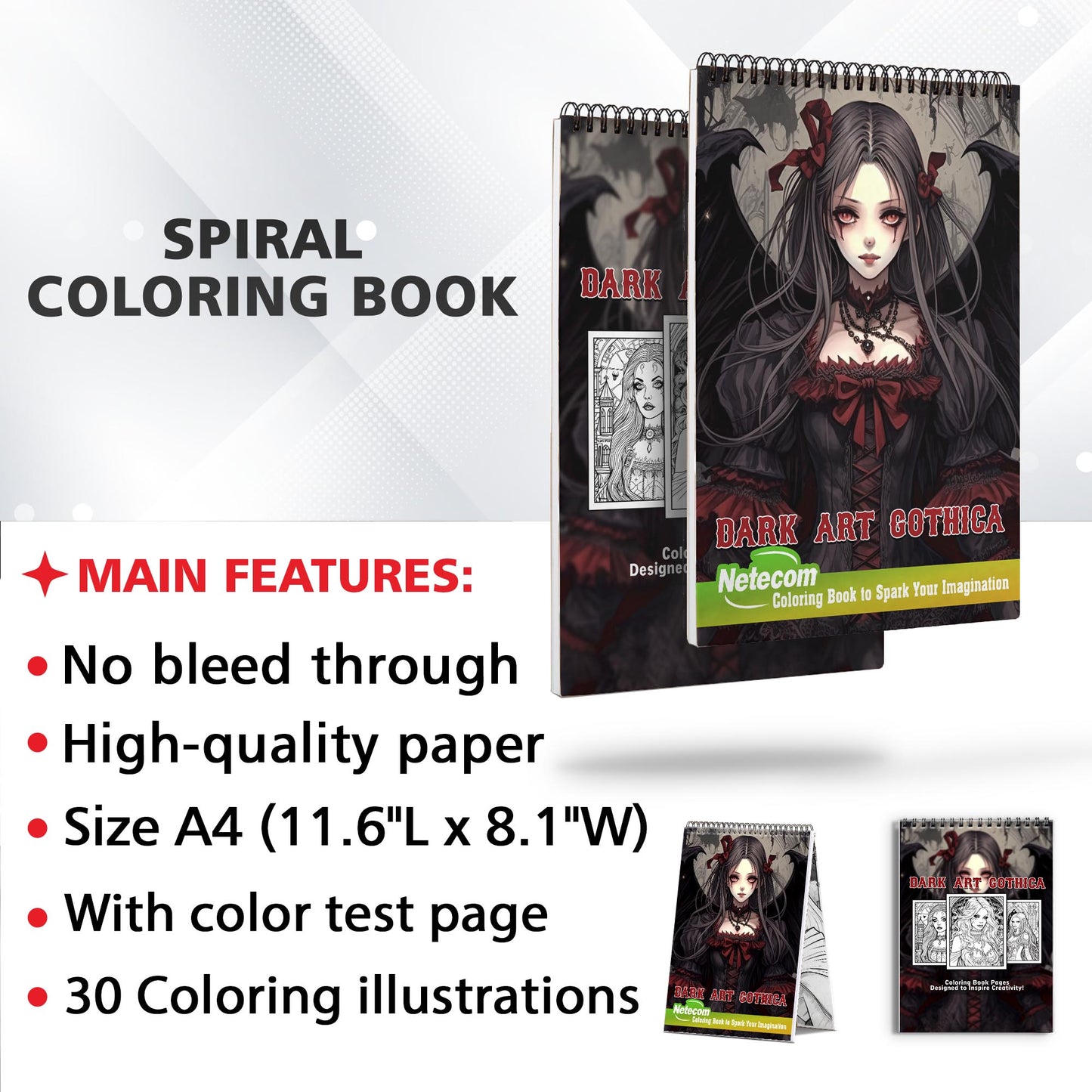 Netecom Dark Art Gothica Spiral Bound Coloring Book, 30 Charming Coloring Pages for Coloring Enthusiasts to Embrace the Beauty and Darkness of Horror Art