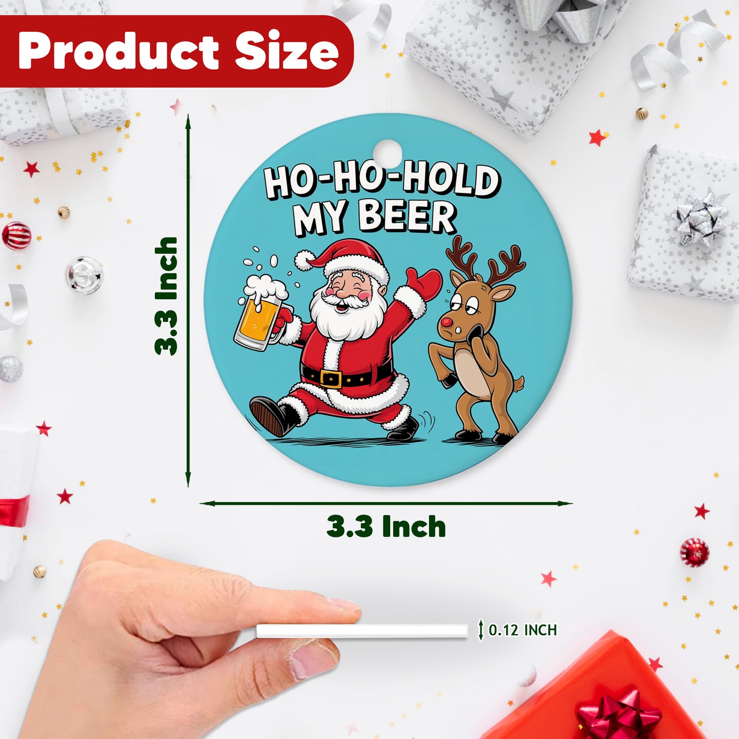 Netecom Funny Santa Claus Reindeer Christmas Ornament, Ho Ho Hold My Beer Ceramic Ornament for Xmas Tree Hanging Decorations Gift, Home Decor, Gifts for Friends & Family, Holiday Party Present