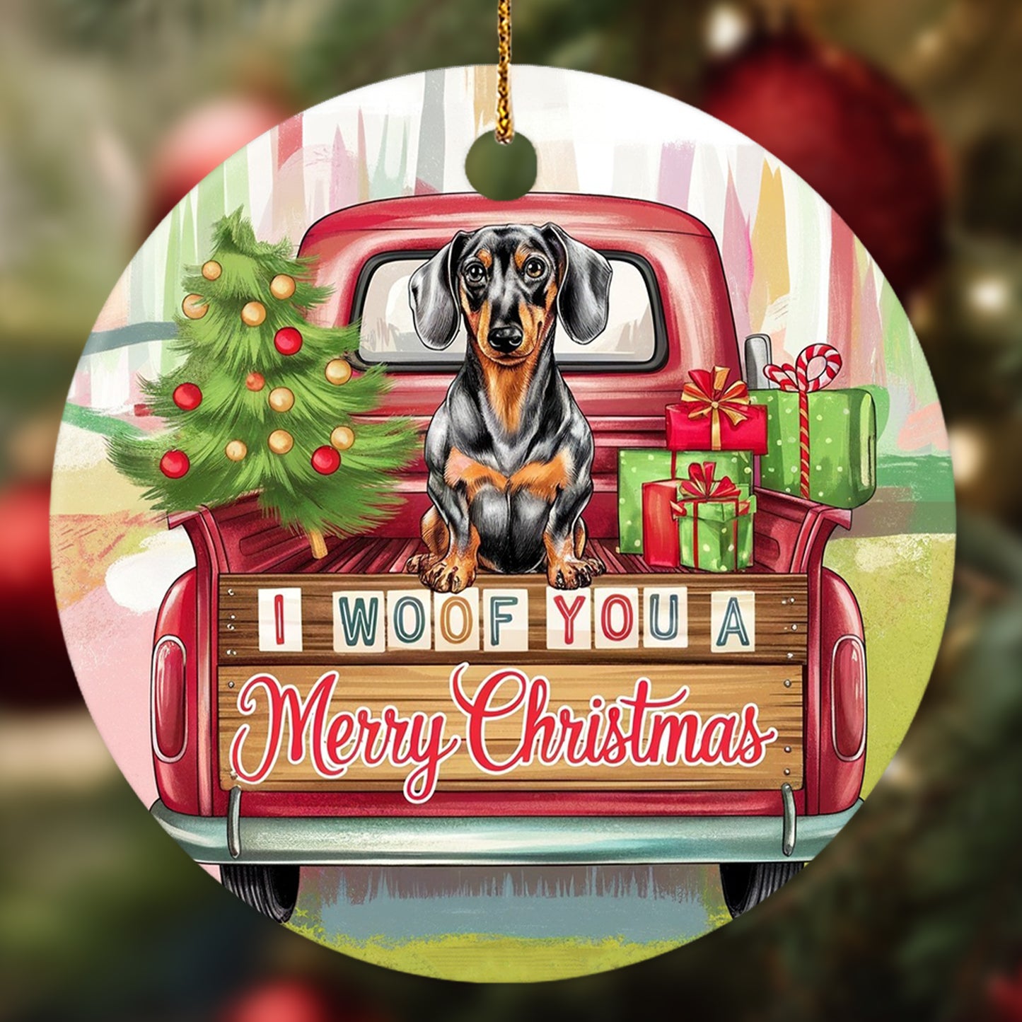 Netecom Funny Dachshund in Holiday Truck Ornament, I Woof You a Merry Christmas Ceramic Ornament for Christmas Tree Hanging Decorations Gift, Pet Lover Gifts, Holiday Party Present