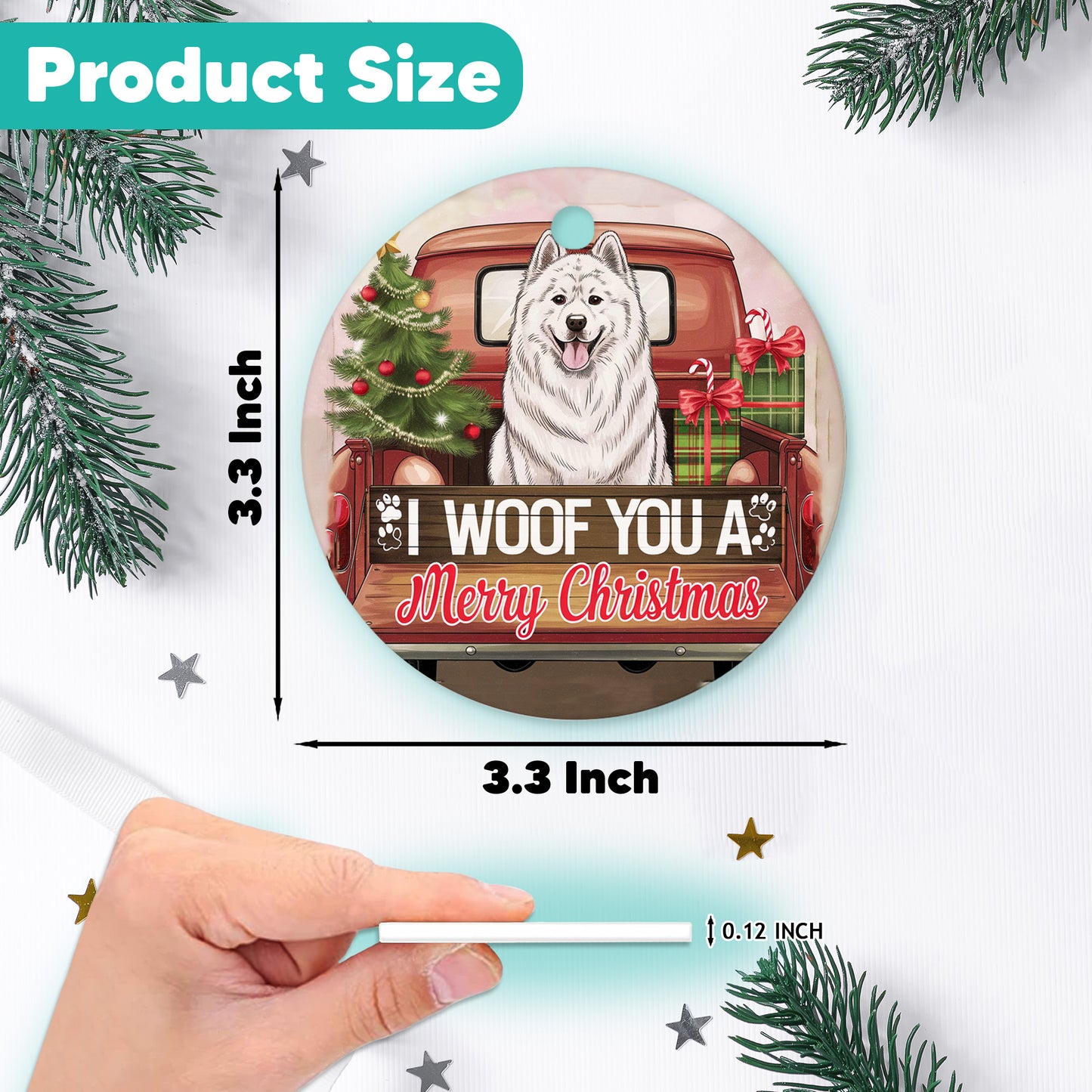 Netecom Cute Samoyed in Holiday Truck Ornament, I Woof You a Merry Christmas Ceramic Ornament for Christmas Tree Hanging Decorations Gift, Pet Lover Gifts, Holiday Decor Present