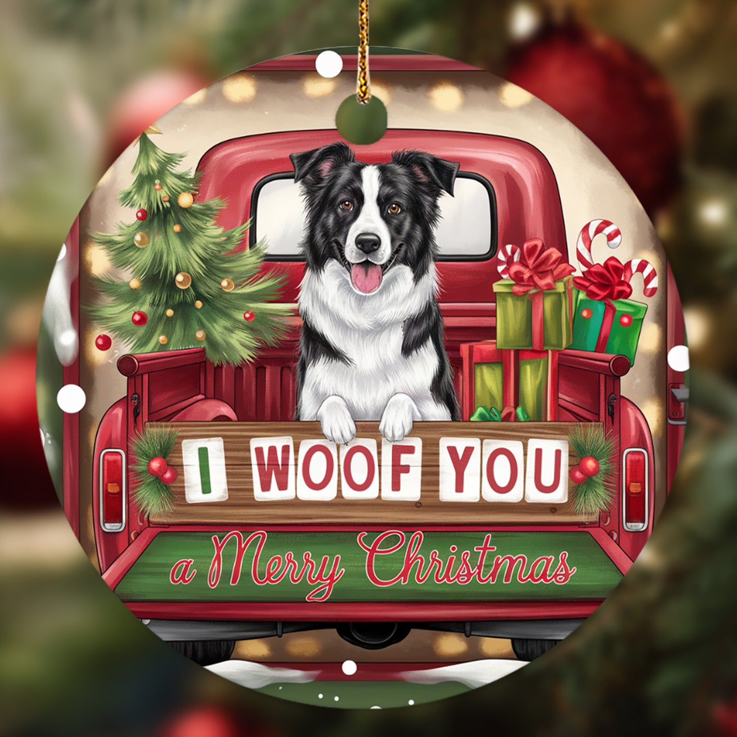Netecom Funny Border Collie Dog in Red Truck Ornament, I Woof You Merry Christmas Ceramic Ornament for Christmas Tree Hanging Decorations Gift, Puppy Lover Gifts, Holiday Decor Present