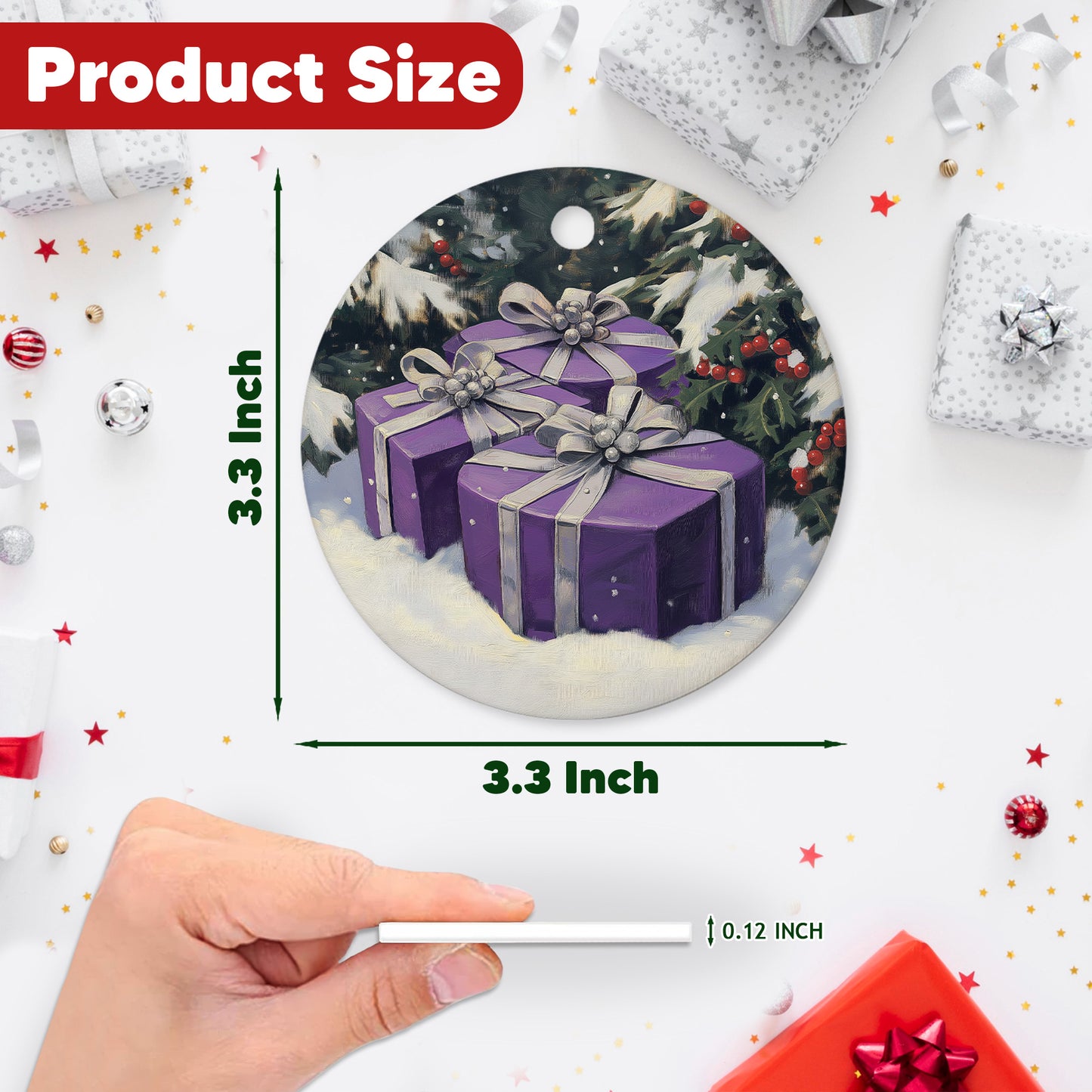 Netecom Purple Gift Box on Snow Christmas Ornaments, Ceramic Present With Silver Ribbon Keepsake Ornament for Christmas Tree Decorations, Gifts for Holiday, Party, Home Decor