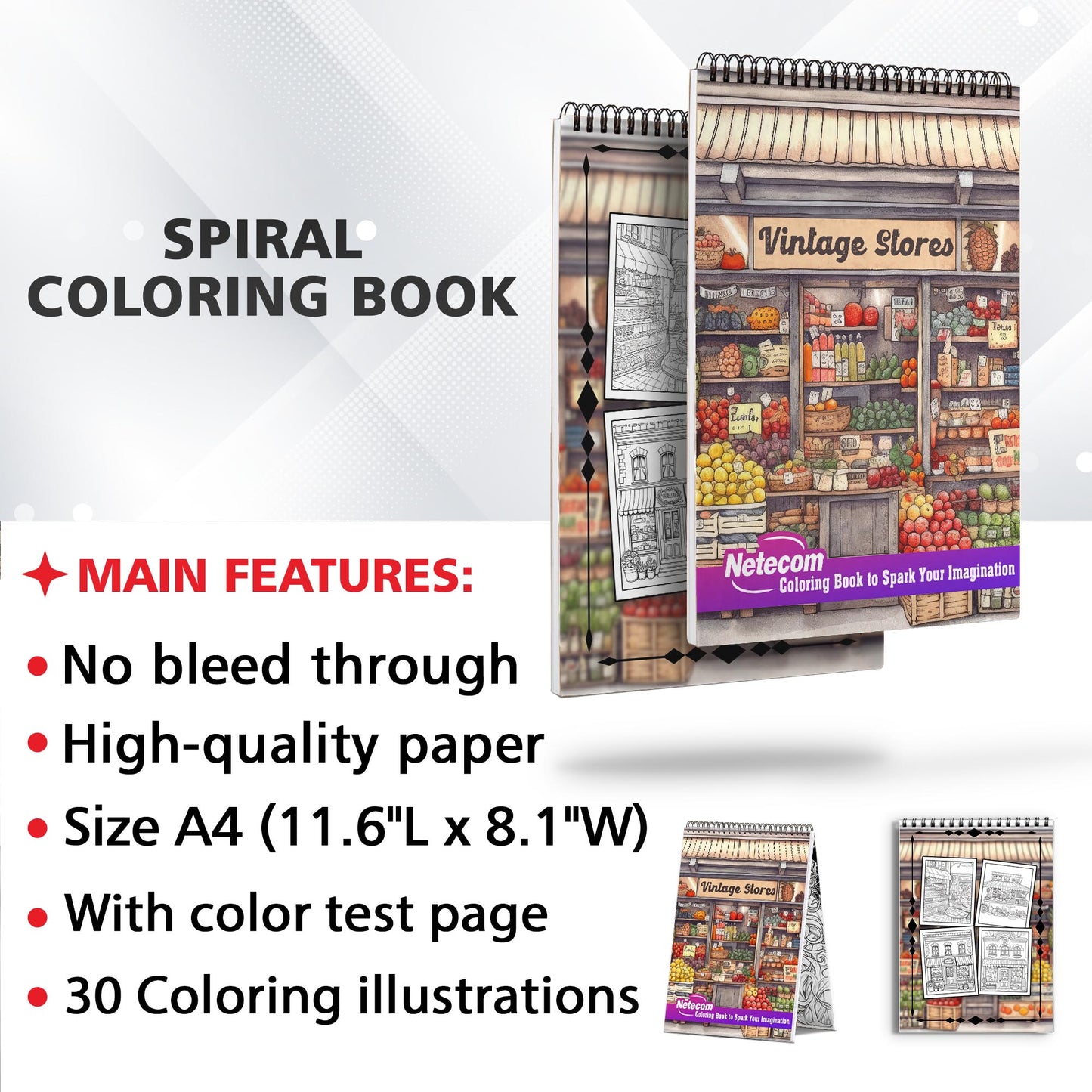 Vintage Stores Spiral Bound Coloring Book, Experience 30 Whimsical Coloring Pages, Capturing the Cozy and Quaint Ambiance of Vintage Stores
