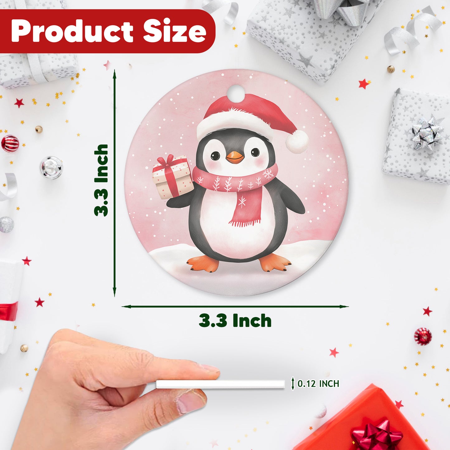 Netecom Cute Pink Penguin in Snow Christmas Ornament, Ceramic Animal Keepsake Ornament for Xmas Tree Decorations, Penguin Lover Gift, Gifts for Holiday, Party, Home Decor