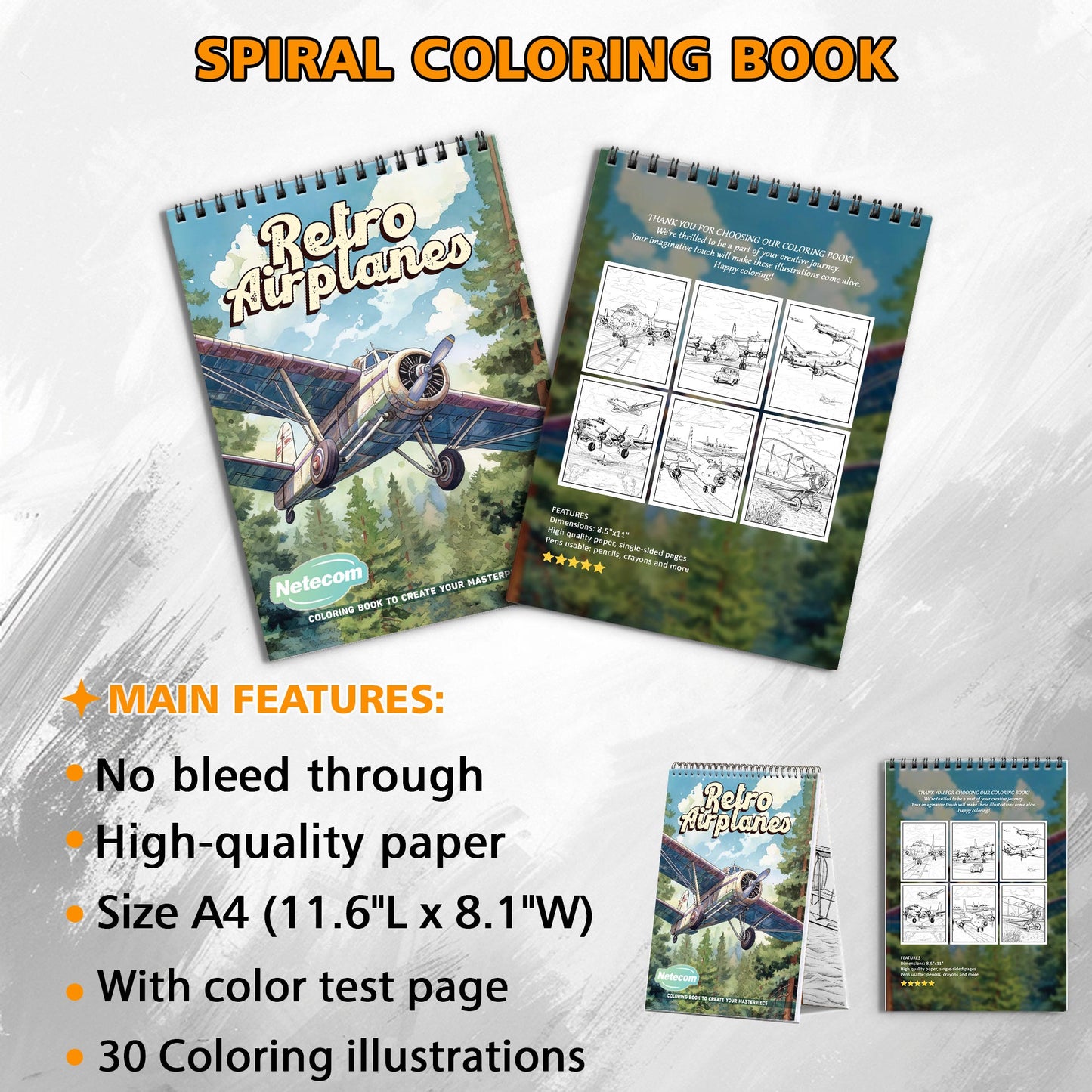Retro Airplanes Spiral Bound Coloring Book, Vintage Airplane Scenes for Nostalgic Coloring, Great for Aviation Fans and History Buffs