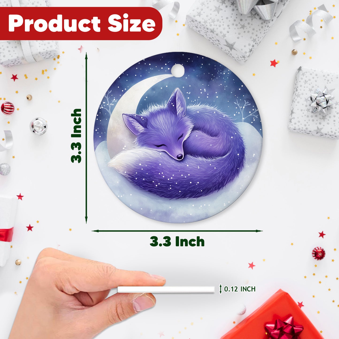Netecom Cute Purple Fox Sleeping on Moon Christmas Ornaments, Ceramic Snow Scene Keepsake Ornament for Christmas Tree Decorations, Fox Lover Gift, Gifts for Holiday, Party, Home Decor