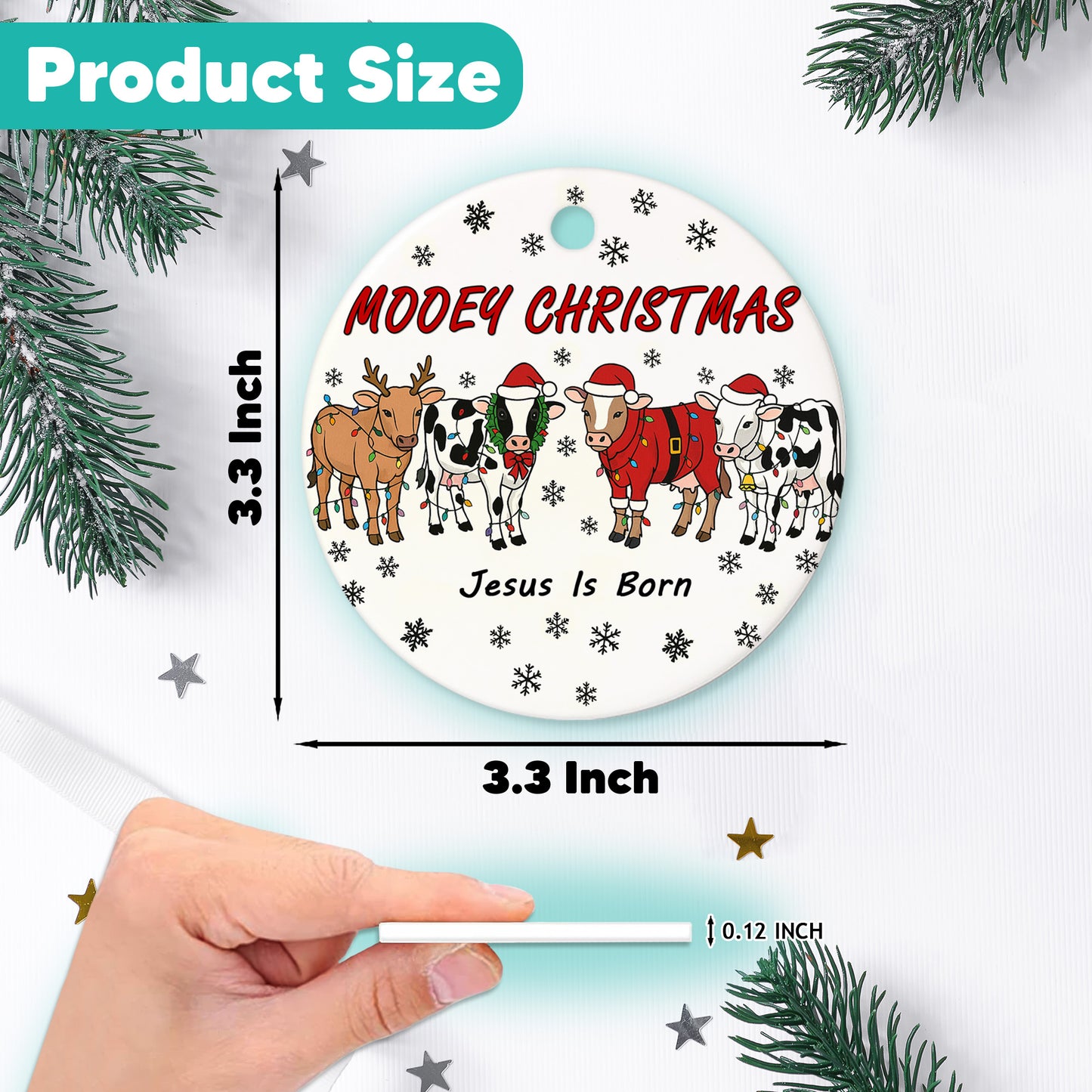 Netecom Funny Cow Christmas Ornament, Mooey Christmas Ceramic Ornament for Xmas Tree Hanging Decorations Gift, Farmer Gifts, Holiday Party Present