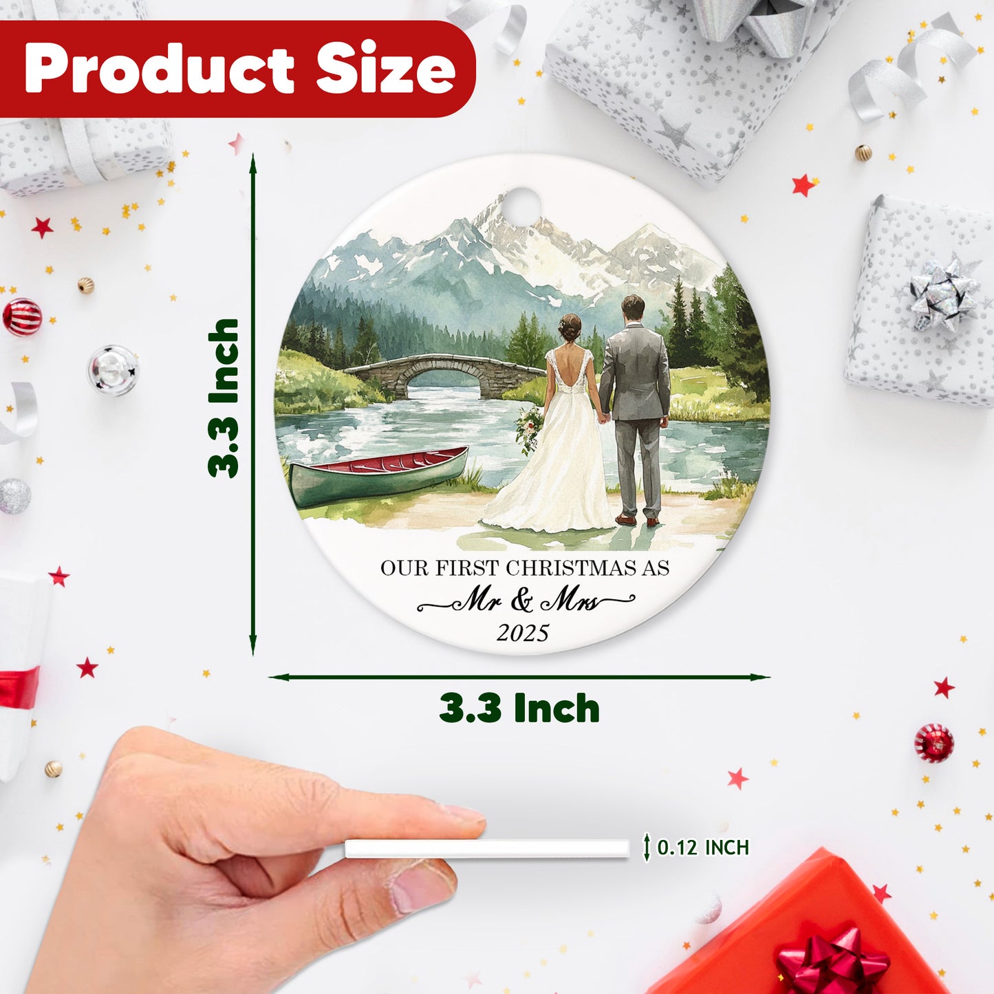Netecom Elegant First Christmas Married Ornament, Our First Christmas as Mr and Mrs Ceramic Ornaments for Xmas Tree Hanging Decorations Gift, Wedding Gifts for Couples, Holiday Party Present