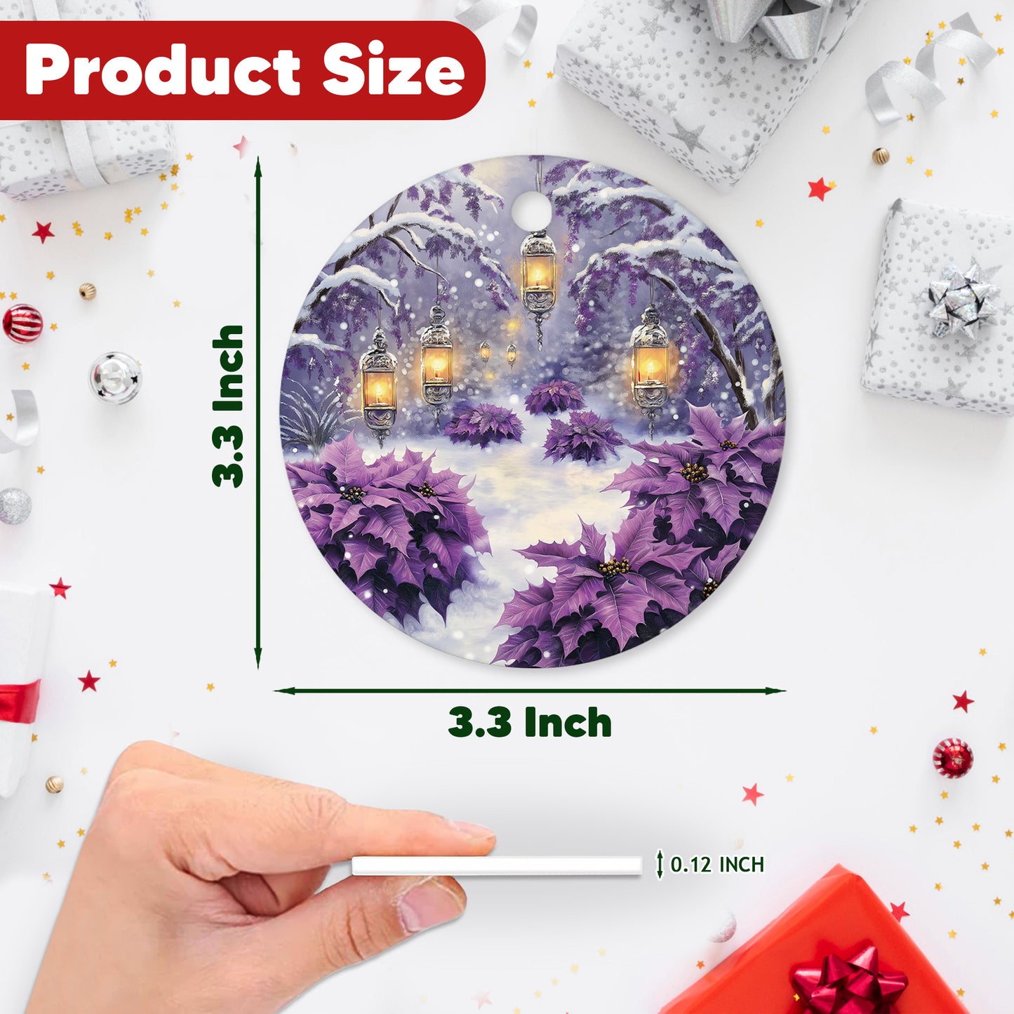 Netecom Purple Winter Snow Scene Christmas Ornaments, Ceramic Lanterns Poinsettia Keepsake Ornament for Christmas Tree Decorations, Gifts for Holiday, Party, Home Decor