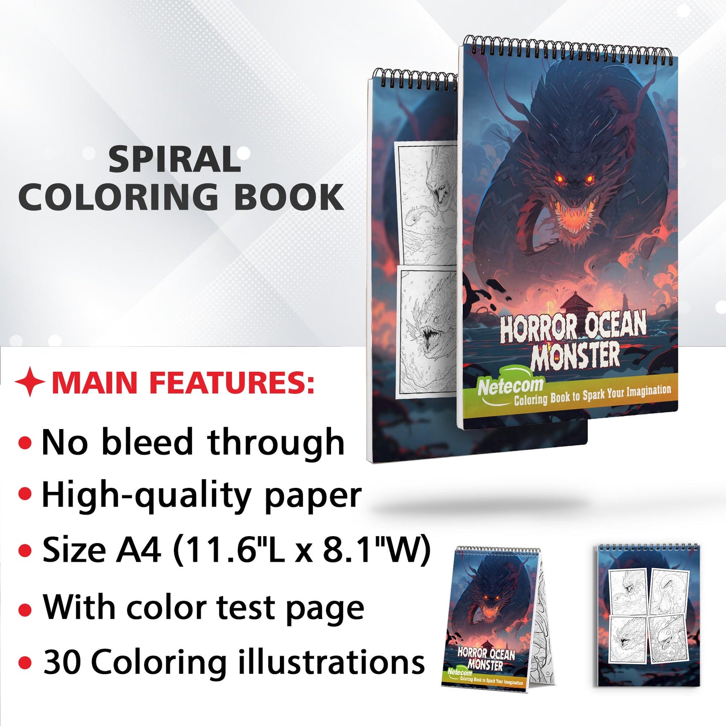 Horror Ocean Monster Spiral Bound Coloring Book, Dive into the Abyss with 30 Enchanting Coloring Pages, Exploring the Haunting World of Ocean Monsters