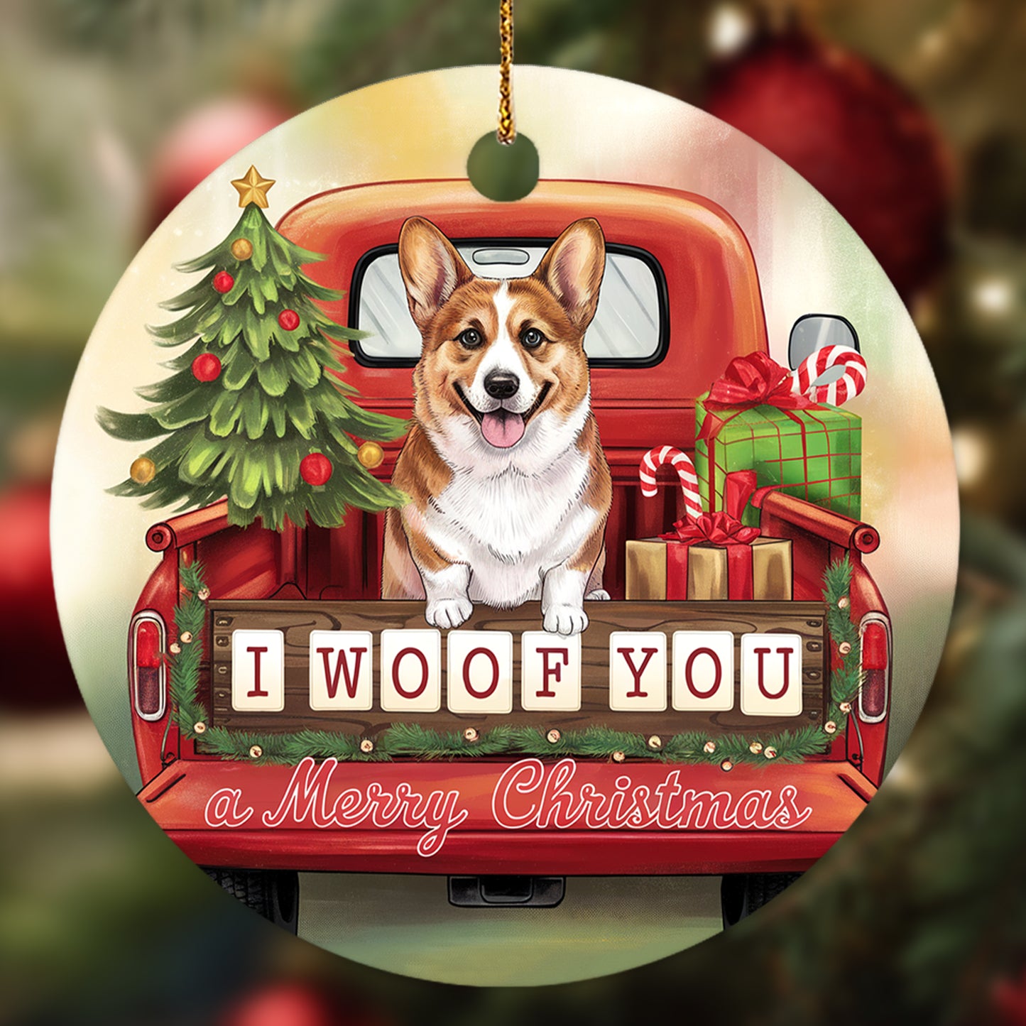 Netecom Cute Corgi in Holiday Truck Ornament, I Woof You a Merry Christmas Ceramic Ornament for Christmas Tree Hanging Decorations Gift, Puppy Lover Gifts, Holiday Party Present
