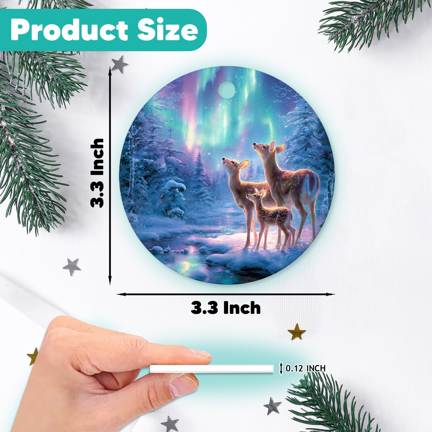 Netecom Adorable Christmas Reindeer Family Ornament, Under Northern Lights Ceramic Ornament for Xmas Tree Hanging Decorations Gift, Reindeer Lover Gifts, Holiday Party Present