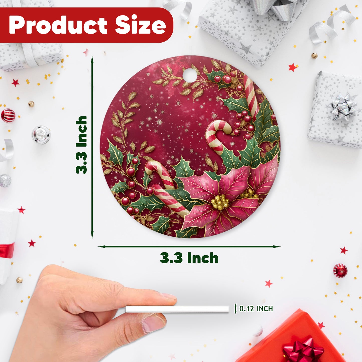 Netecom Pink Poinsettia and Holly Berries Leaves Christmas Ornament, Ceramic Candy Cane Keepsake Ornament for Xmas Tree Decorations, Gifts for Holiday, Party, Home Decor