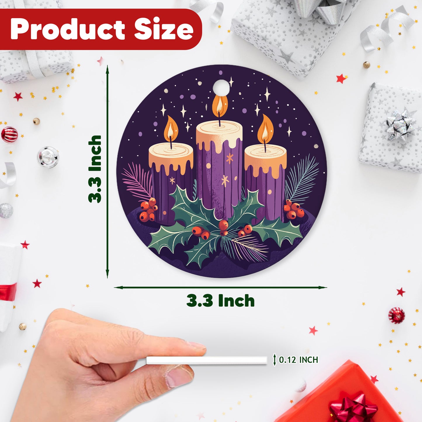 Netecom Purple Candles Christmas Ornaments, Elegant Ceramic Candles & Holly Keepsake Ornament for Christmas Tree Decorations, Gifts for Holiday, Party, Home Decor