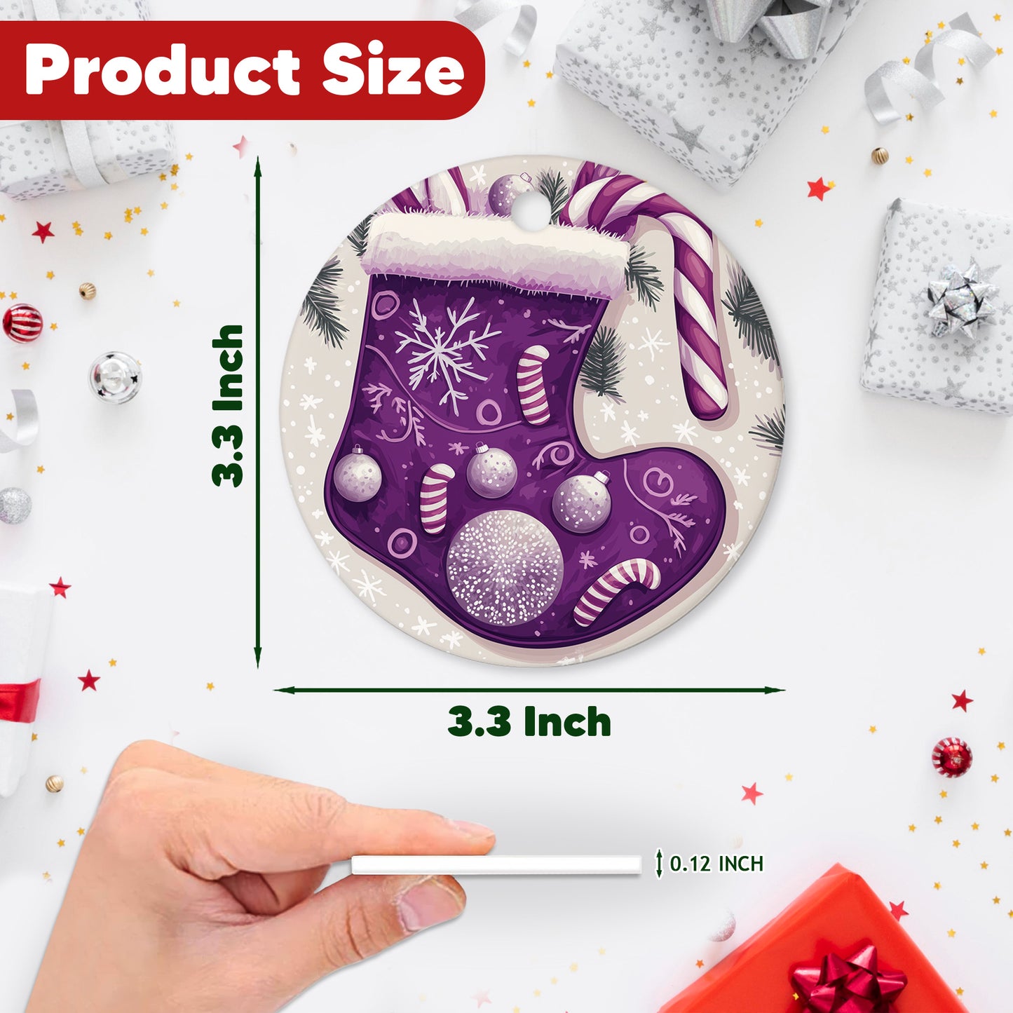 Netecom Purple Stocking Christmas Ornaments, Ceramic Candy Cane Snowflakes Keepsake Ornament for Christmas Tree Decorations, Gifts for Holiday, Party, Home Decor