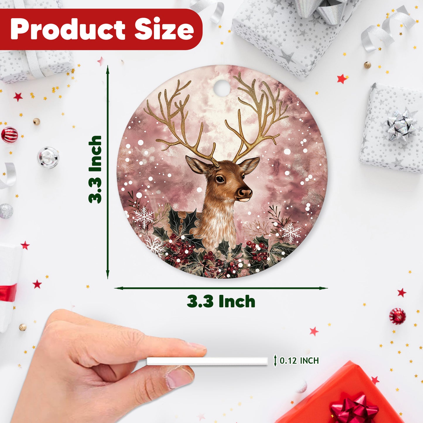 Netecom Reindeer Pink Ornament, Ceramic Deer and Flowers Keepsake Ornament for Xmas Tree Decorations, Reindeer Lover Gift, Gifts for Holiday, Party, Home Decor