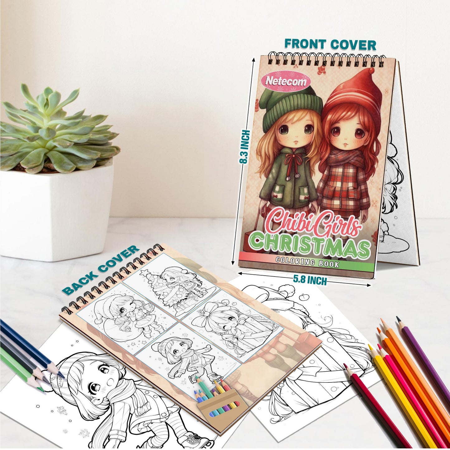 Netecom Chibi Girls Christmas Spiral Bound Coloring Book For Adults