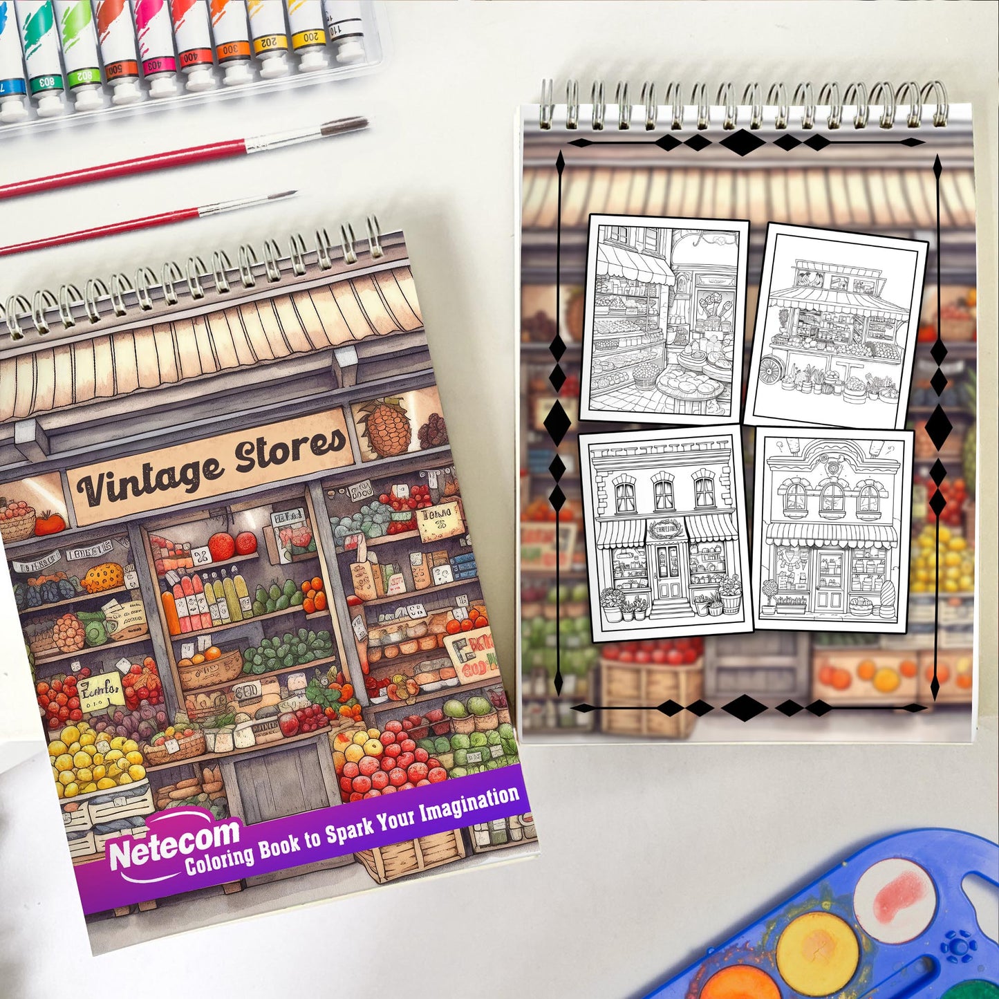 Vintage Stores Spiral Bound Coloring Book, Experience 30 Whimsical Coloring Pages, Capturing the Cozy and Quaint Ambiance of Vintage Stores