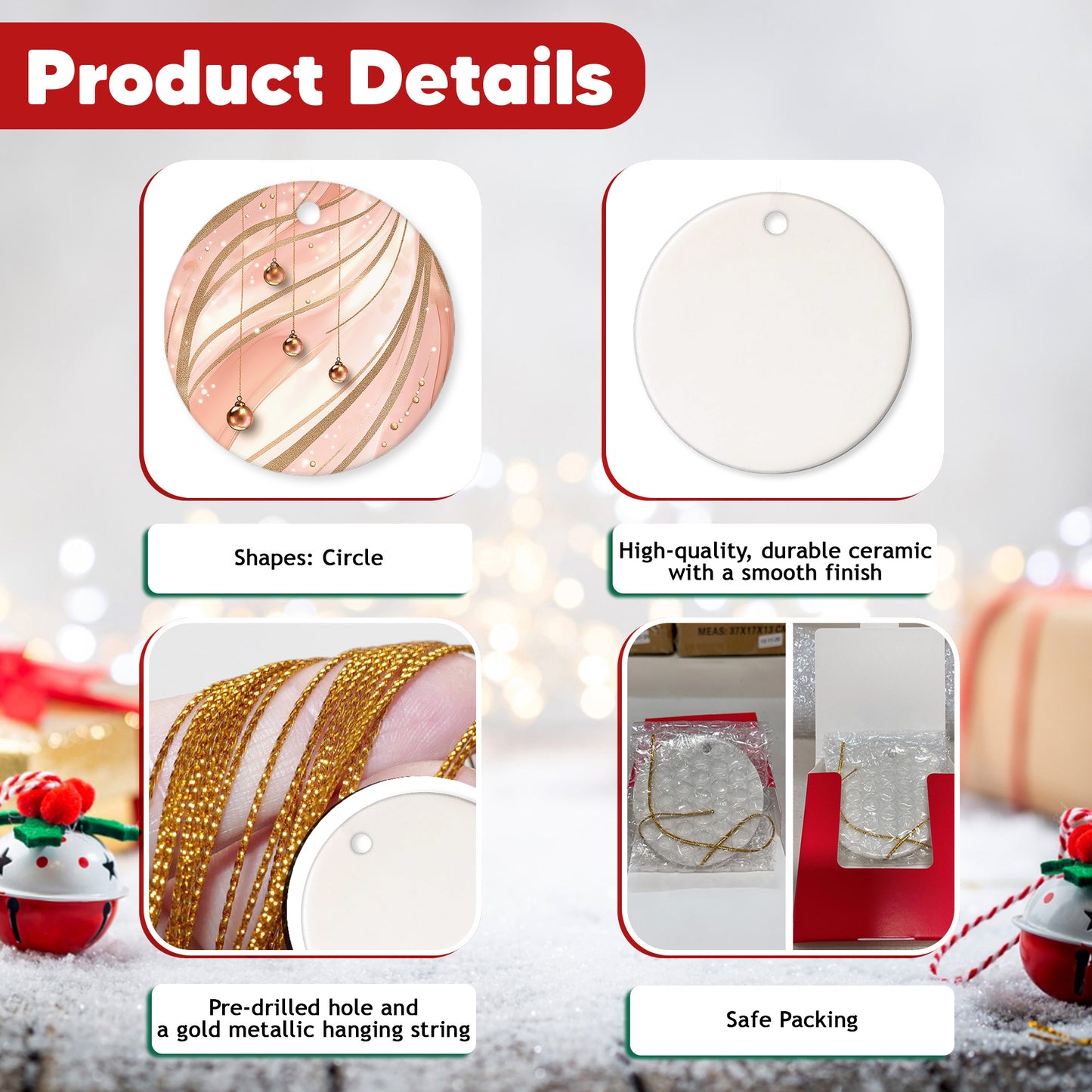 Netecom Elegant Pink Baubles Christmas Ornaments, Ceramic Hanging Balls with Glitter Swirl Keepsake Ornament for Xmas Tree Decorations, Gifts for Holiday, Party, Home Decor