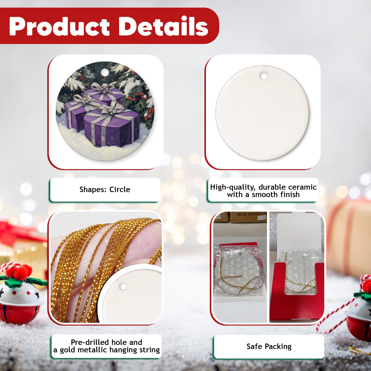 Netecom Purple Gift Box on Snow Christmas Ornaments, Ceramic Present With Silver Ribbon Keepsake Ornament for Christmas Tree Decorations, Gifts for Holiday, Party, Home Decor