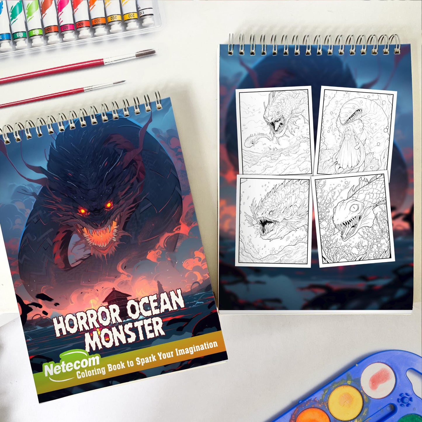 Horror Ocean Monster Spiral Bound Coloring Book, Dive into the Abyss with 30 Enchanting Coloring Pages, Exploring the Haunting World of Ocean Monsters