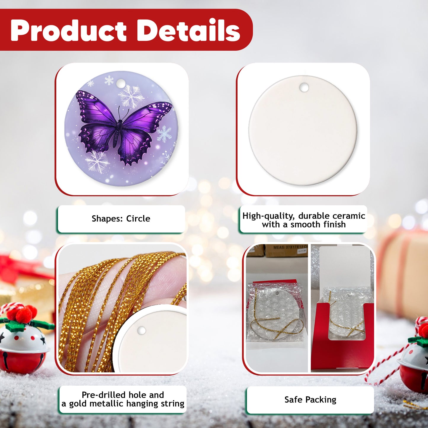 Netecom Purple Butterfly Christmas Ornaments, Ceramic Snowflake Keepsake Ornament for Christmas Tree Decorations, Gifts for Holiday, Party, Home Decor, Butterfly Lover Gift