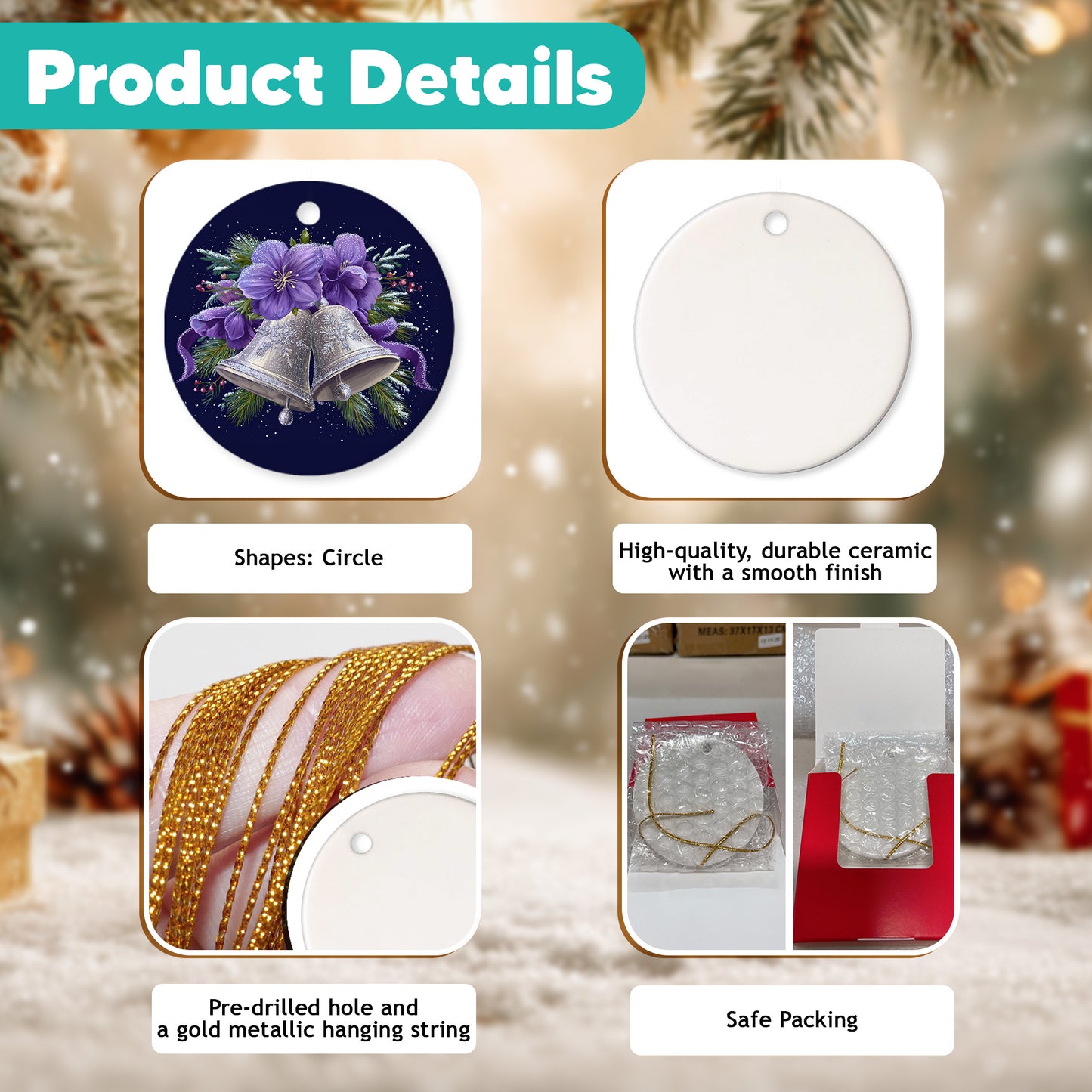 Netecom Bell with Purple Flower Christmas Ornament, Elegant Winter Bell Ceramic Ornament for Xmas Tree Hanging Decorations Gift, Gifts for Friends & Family, Holiday Party Present