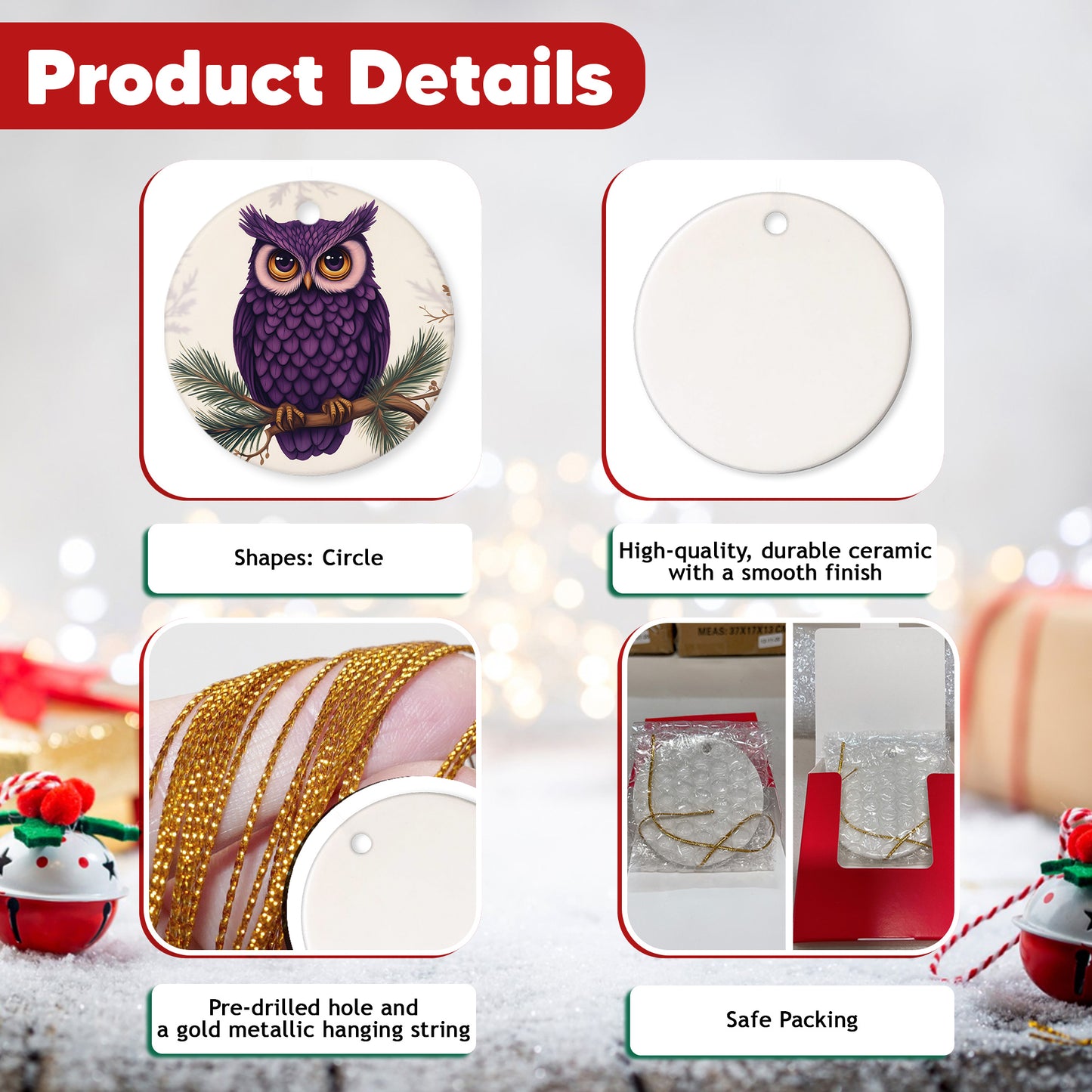Netecom Cute Purple Owl Christmas Ornaments, Ceramic Birds on Branches Keepsake Ornament for Christmas Tree Decorations, Bird Lover Gift, Gifts for Holiday, Party, Home Decor