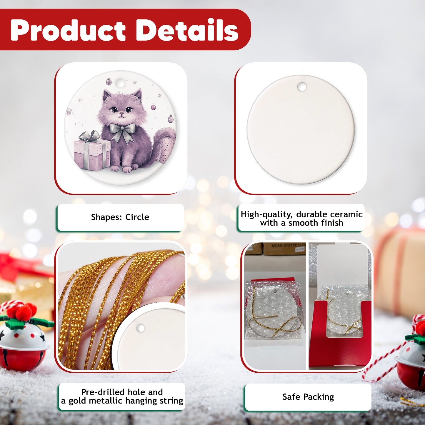 Netecom Cute Purple Cat Christmas Ornaments, Ceramic Kitten Keepsake Ornament for Christmas Tree Decorations, Cat Lover Gifts, Gifts for Holiday, Party, Home Decor