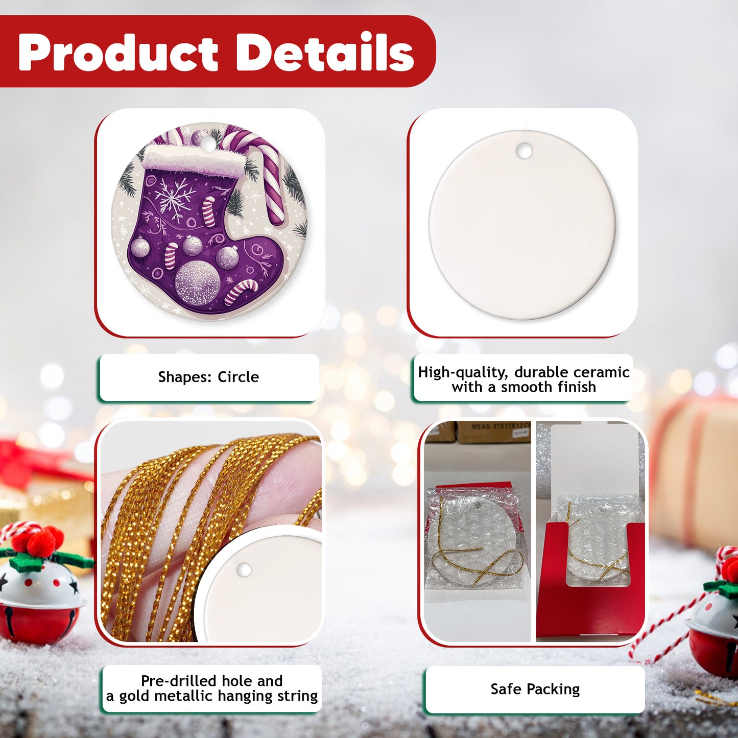 Netecom Purple Stocking Christmas Ornaments, Ceramic Candy Cane Snowflakes Keepsake Ornament for Christmas Tree Decorations, Gifts for Holiday, Party, Home Decor
