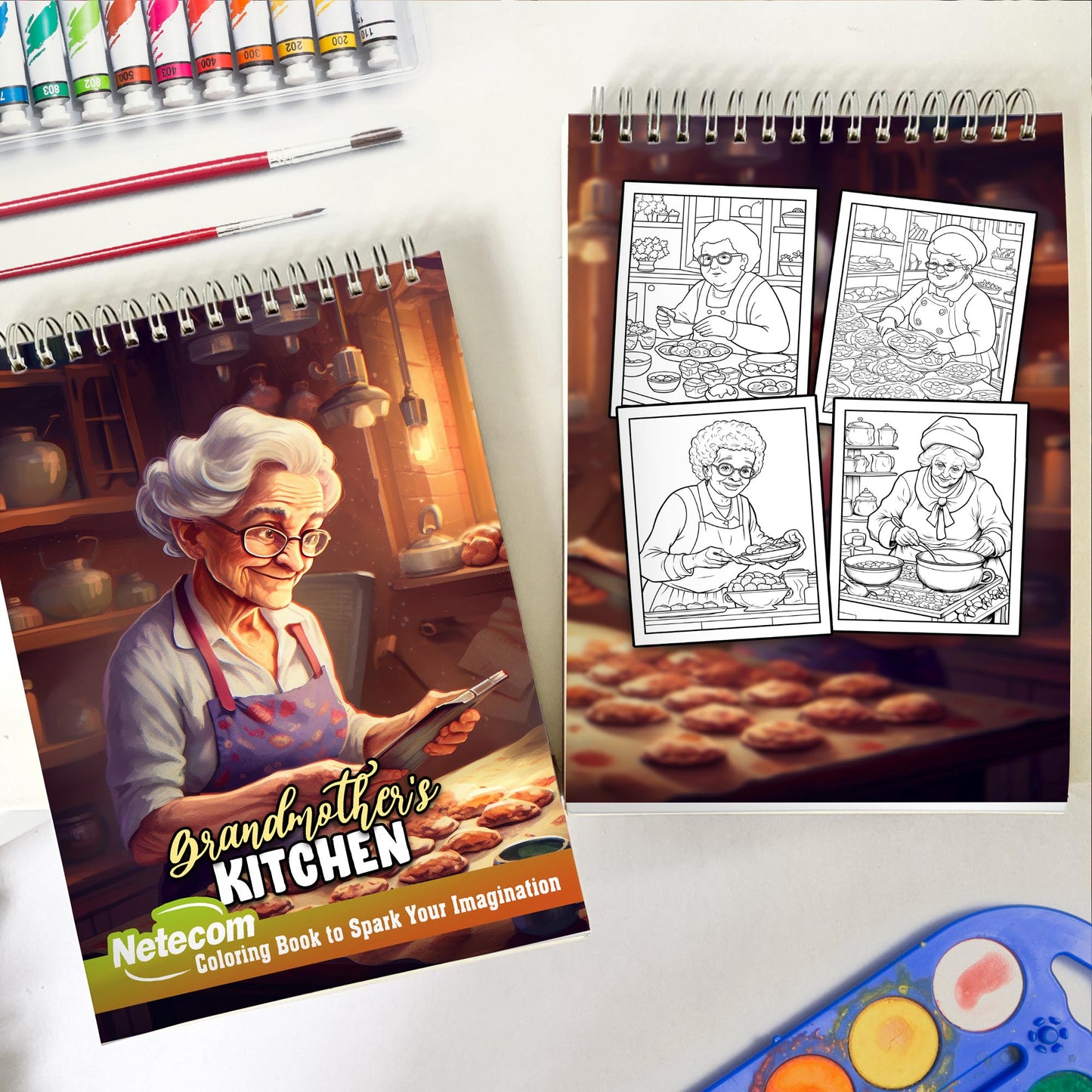 Netecom Grandmother's Kitchen Spiral Bound Coloring Book, 30 Captivating Coloring Pages for Art Lovers to Create Striking and Detailed Artwork of Traditional Kitchen Scenes