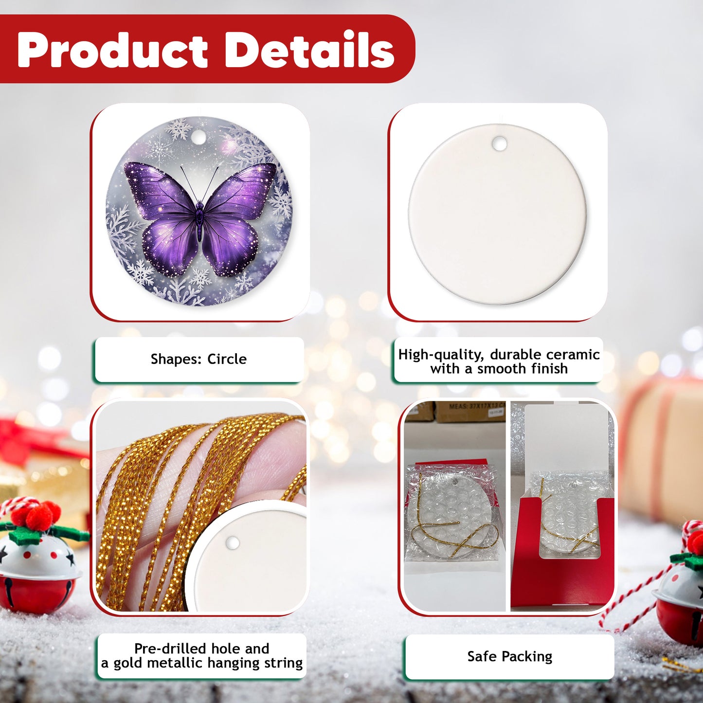 Netecom Purple Butterfly Christmas Ornaments, Ceramic Snowflake Keepsake Ornament for Christmas Tree Decorations, Butterfly Lover Gift, Gifts for Holiday, Party, Home Decor